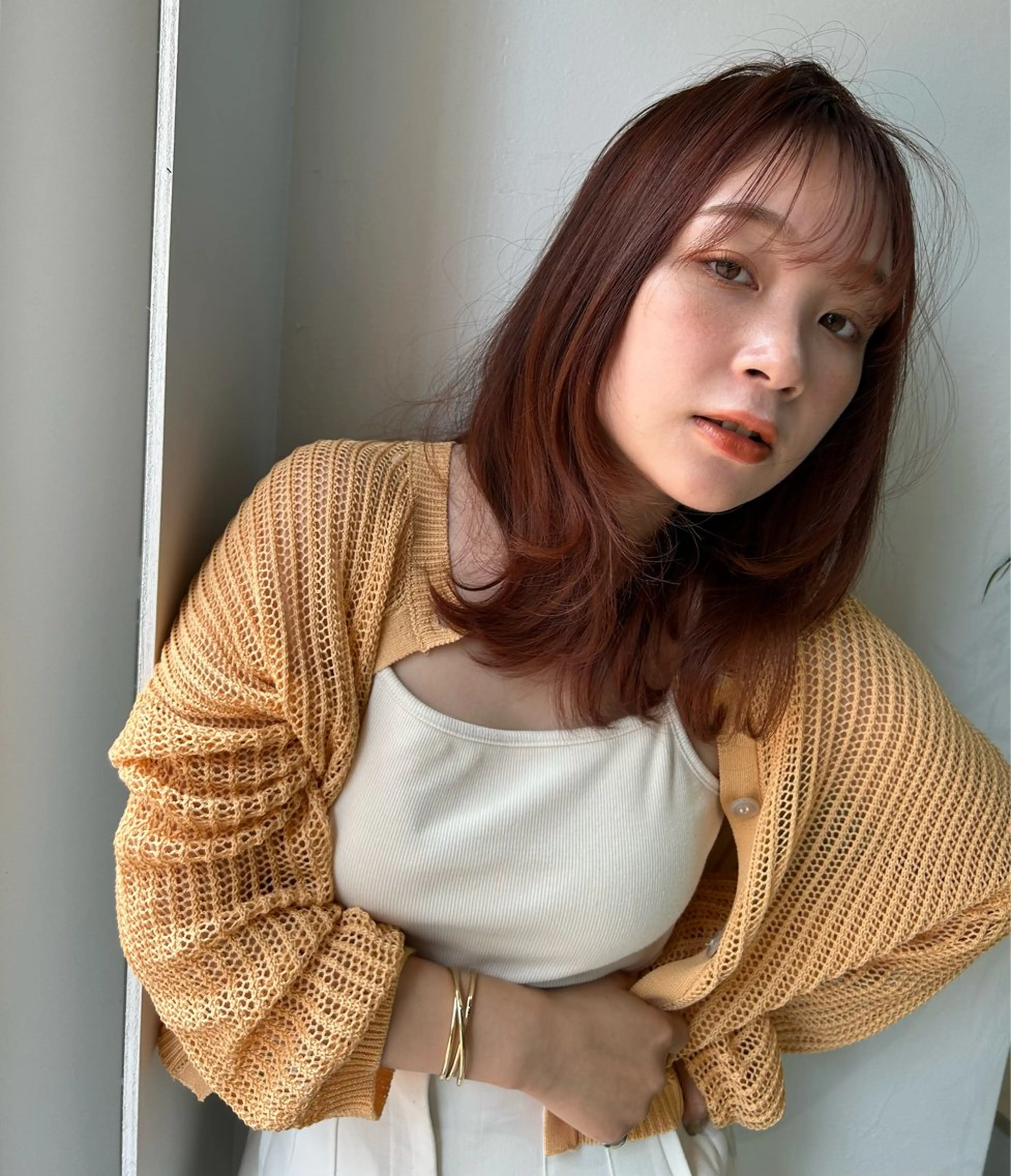 ミディアム カラー オレンジ Le/a谷町 野上幹太のヘアスタイル