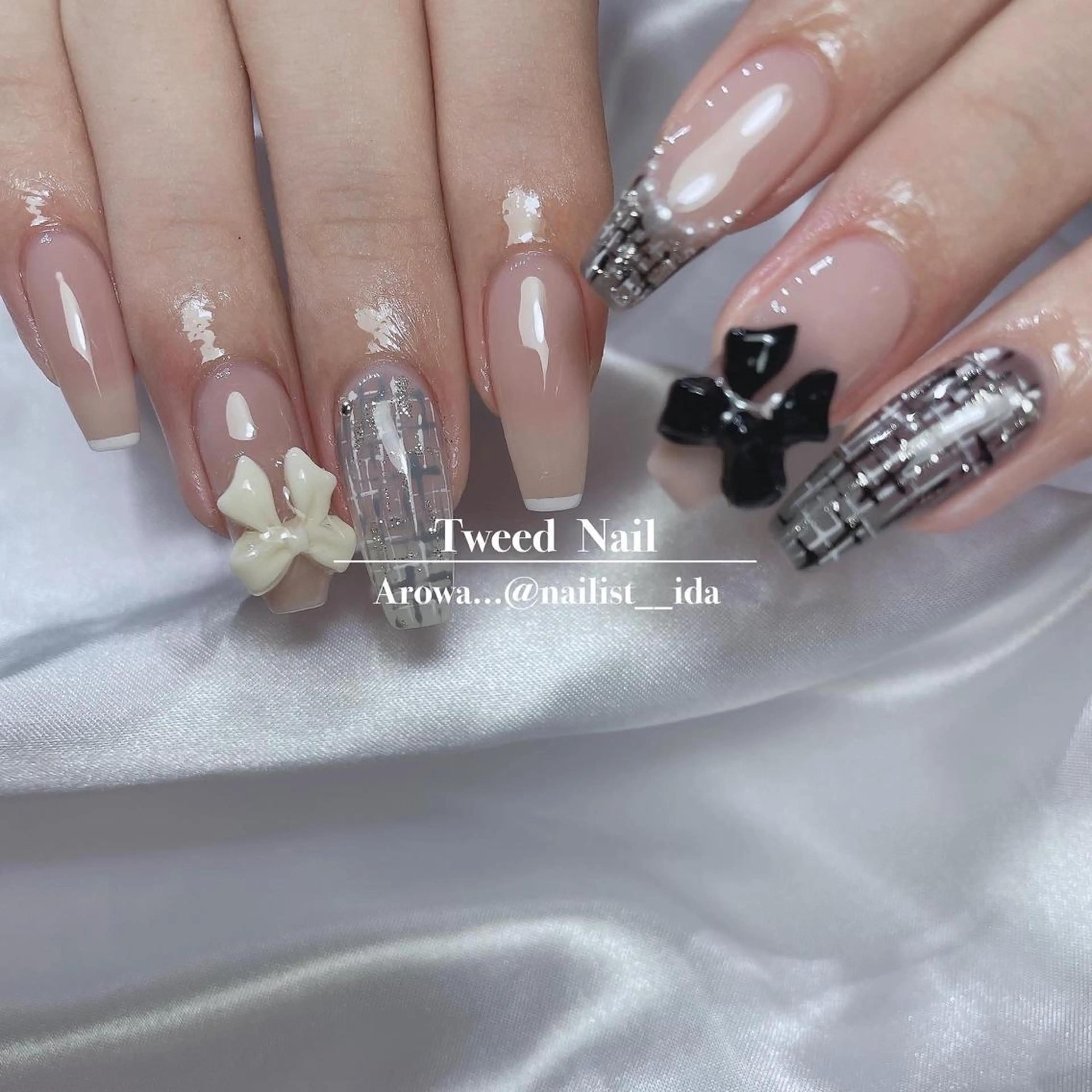 ネイル リボン ツイードネイル Arowa 伊田のネイルデザイン