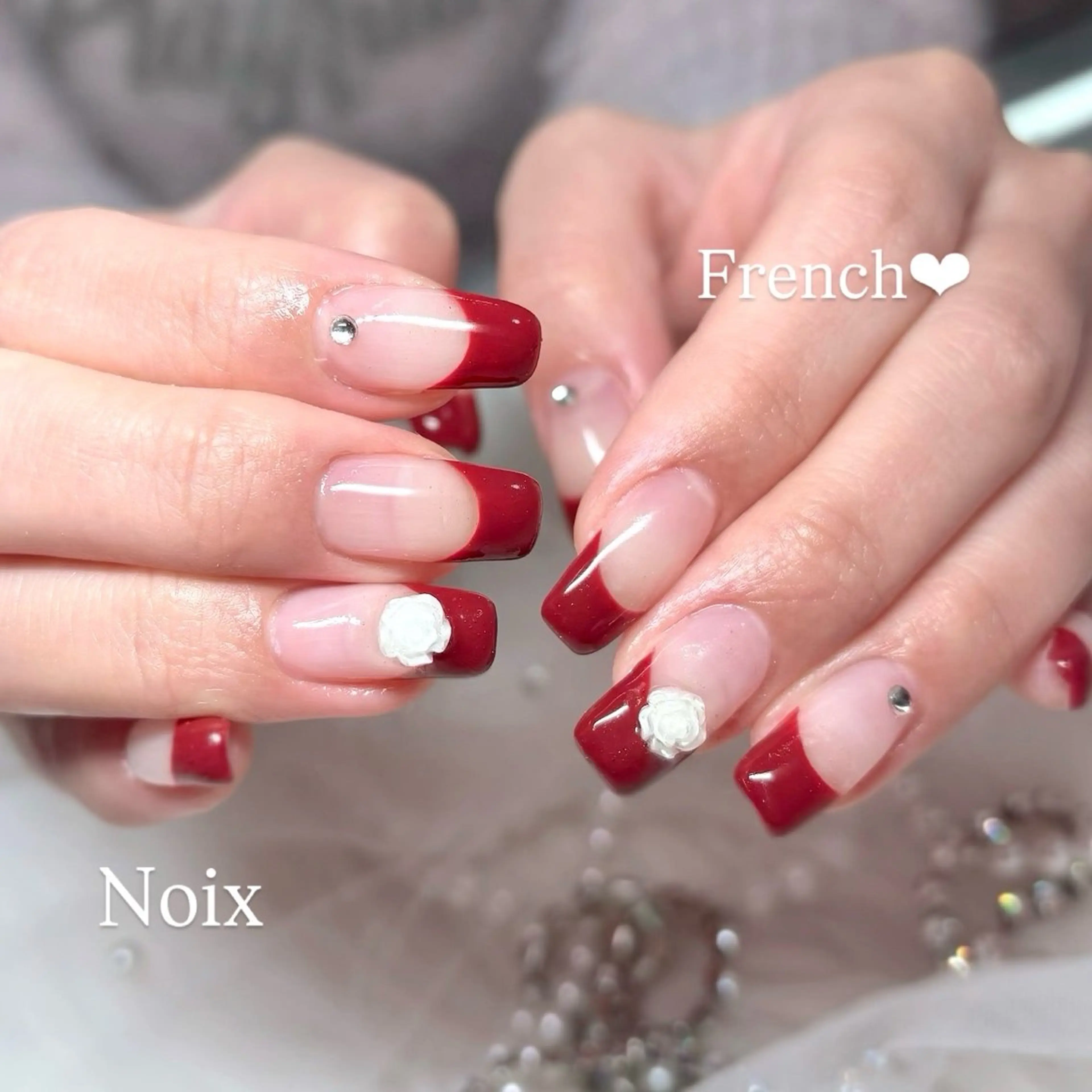 ネイル ボルドー フレンチネイル バレンタイン ハンドネイル Noix nailのネイルデザイン