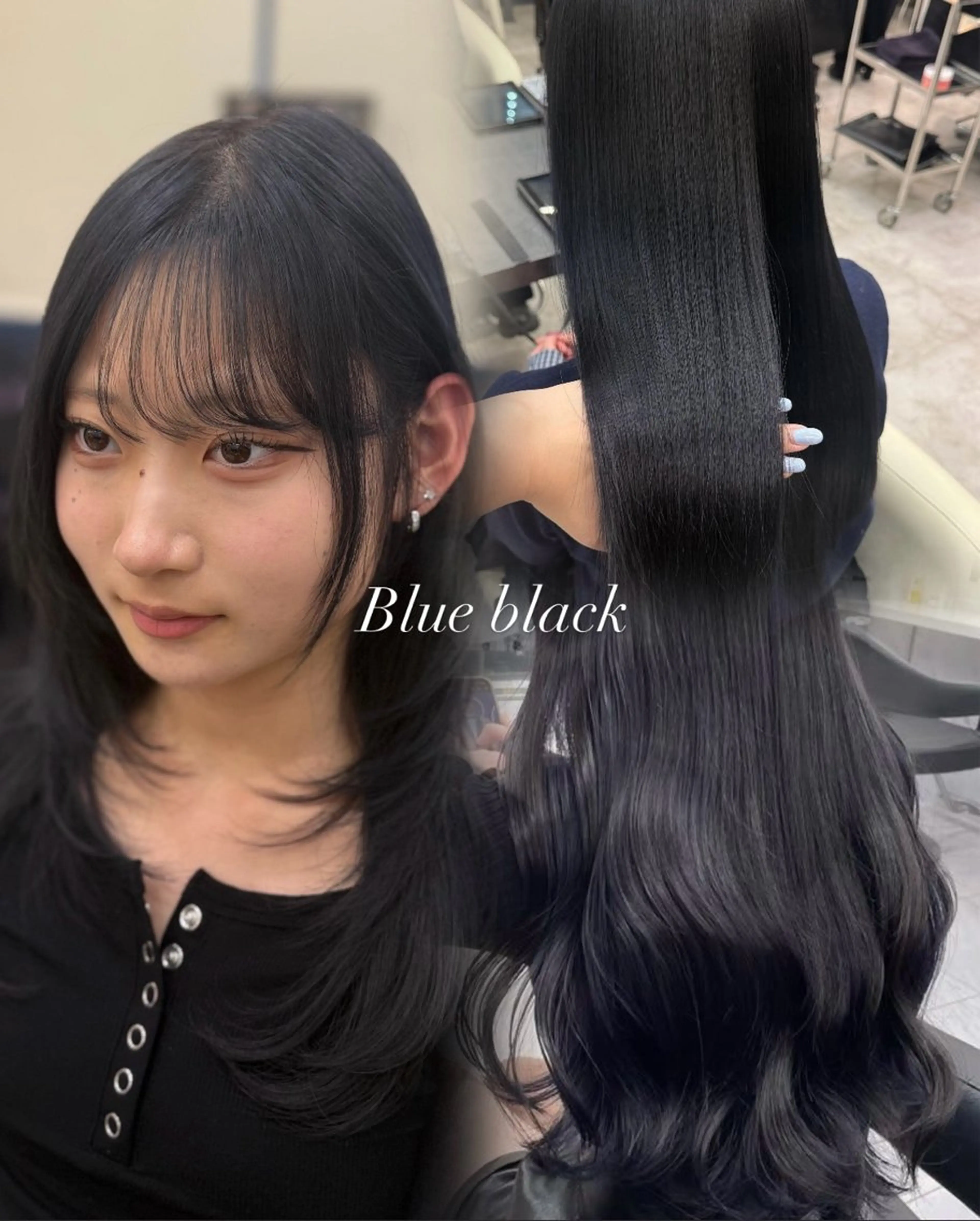 ロング カラー 黒髪 ブルーカラー ブルーブラック カット ヘアカラー トリートメント 渋谷ハイトーン/髪質 改善/かすが🪽🫧のヘアスタイル
