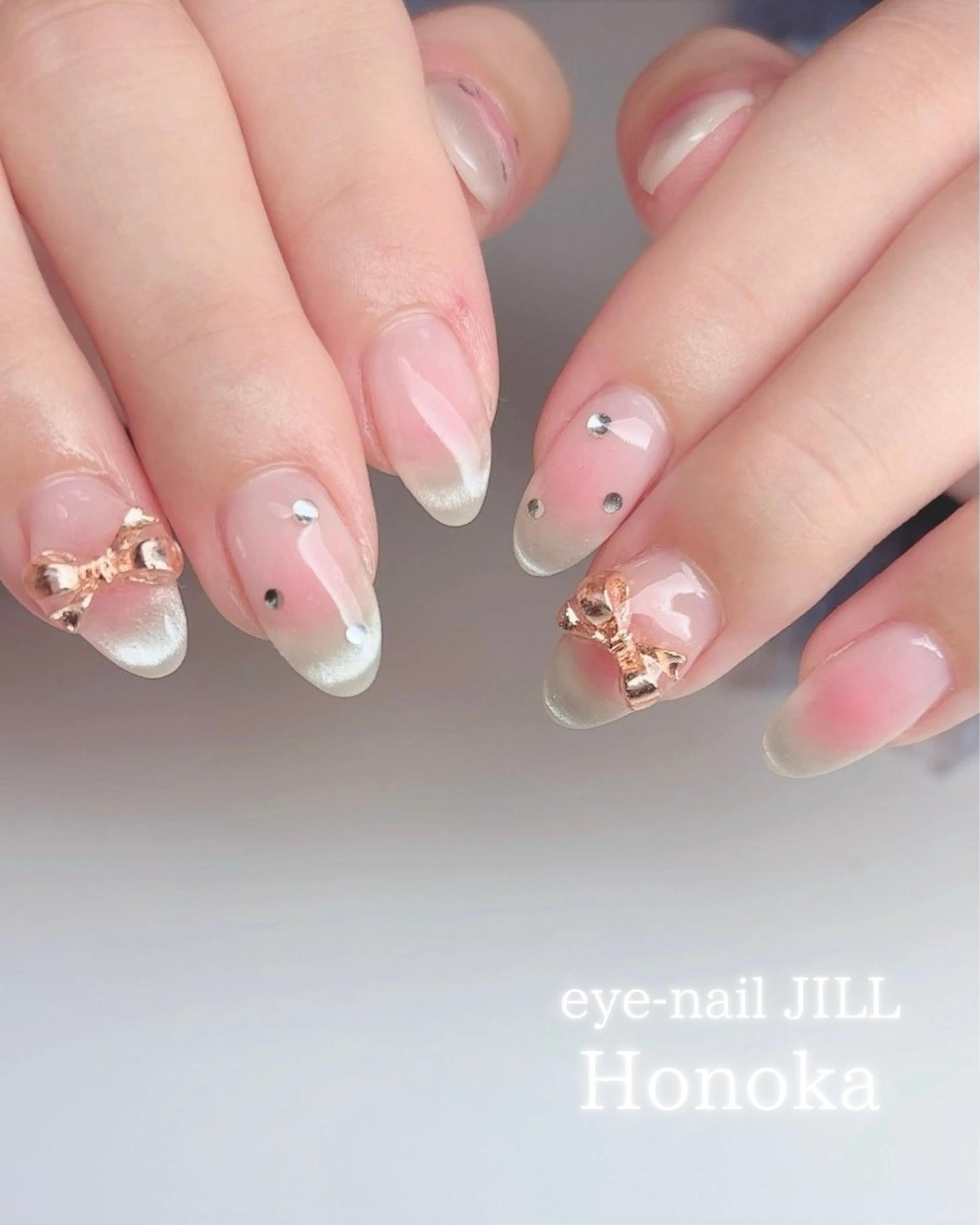 ネイル チークネイル フレンチネイル マグネットネイル マグネットフレンチ リボン ハンドネイル JILL Honokaのネイルデザイン