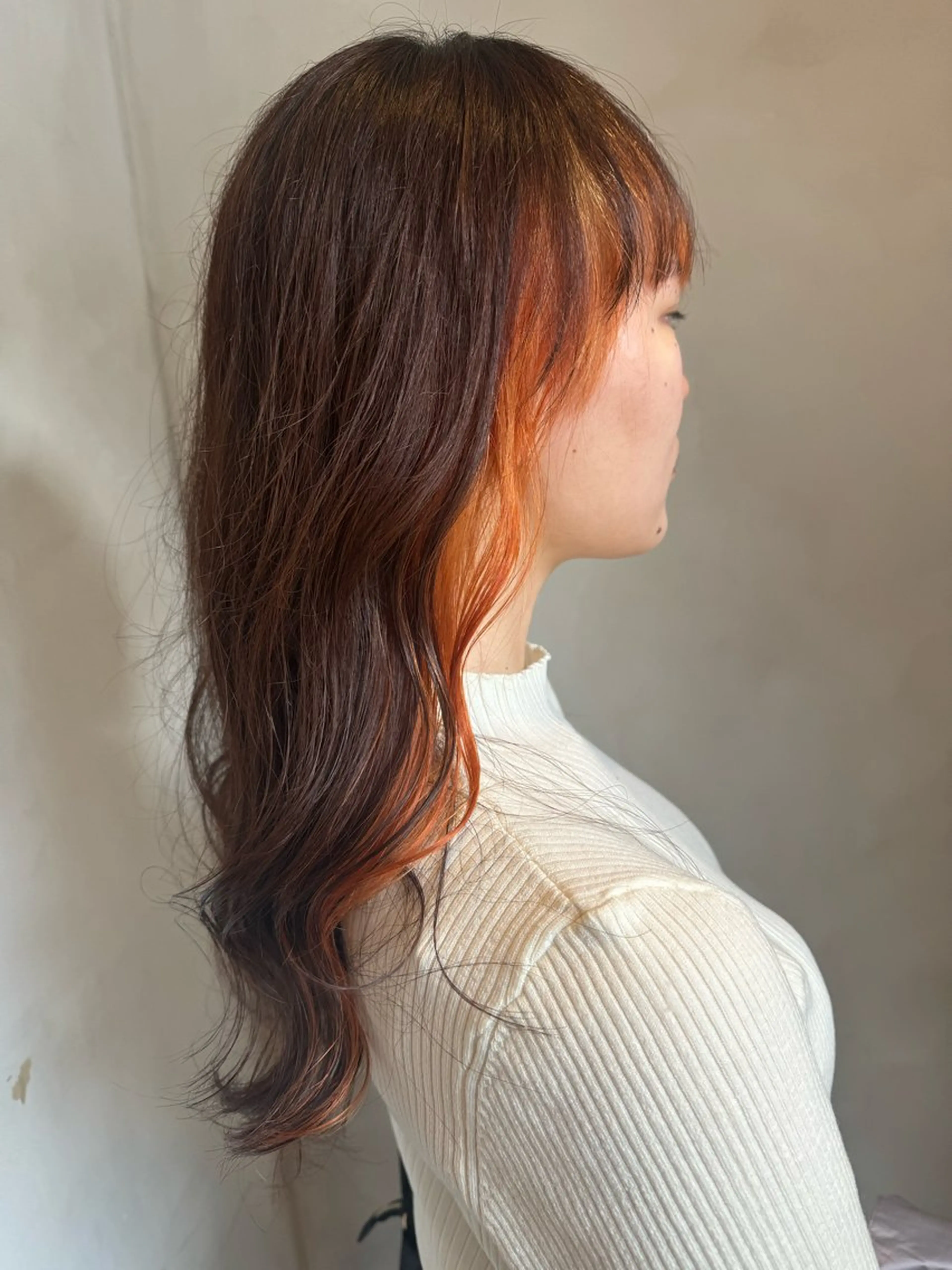 ロング カラー ブラウンカラー インナーカラー オレンジ ヘアカラー トリートメント 🦋店長🦋 ほんさわ みずきのヘアスタイル