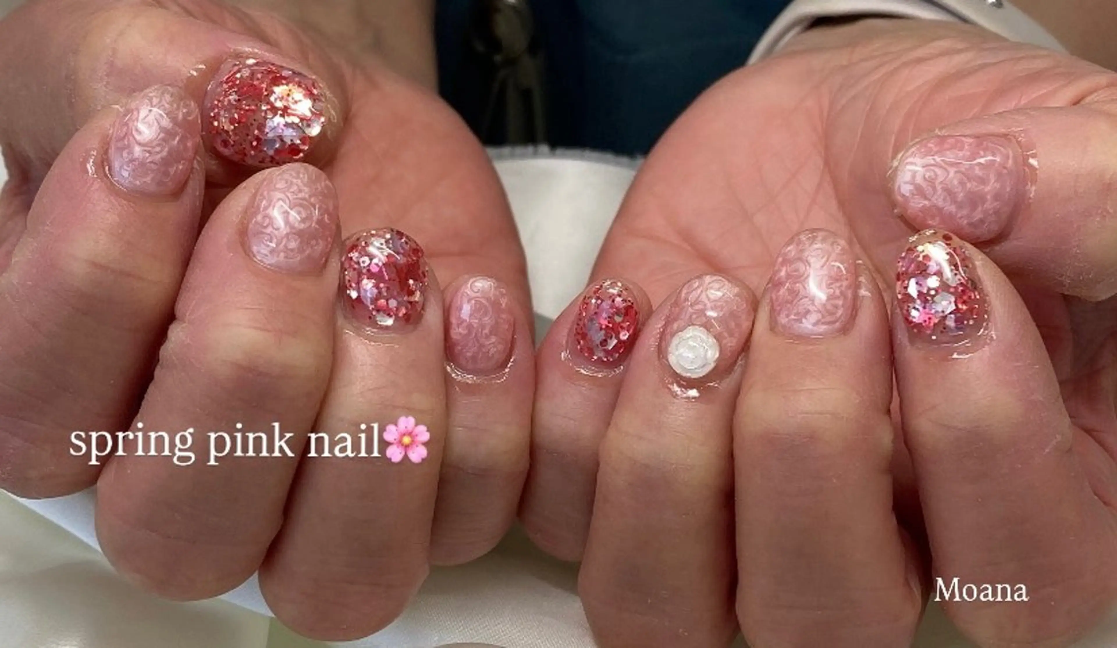 ネイル 韓国ネイル ラメ(グリッター) ピンク 春ネイル MoanaNail Manamiのネイルデザイン