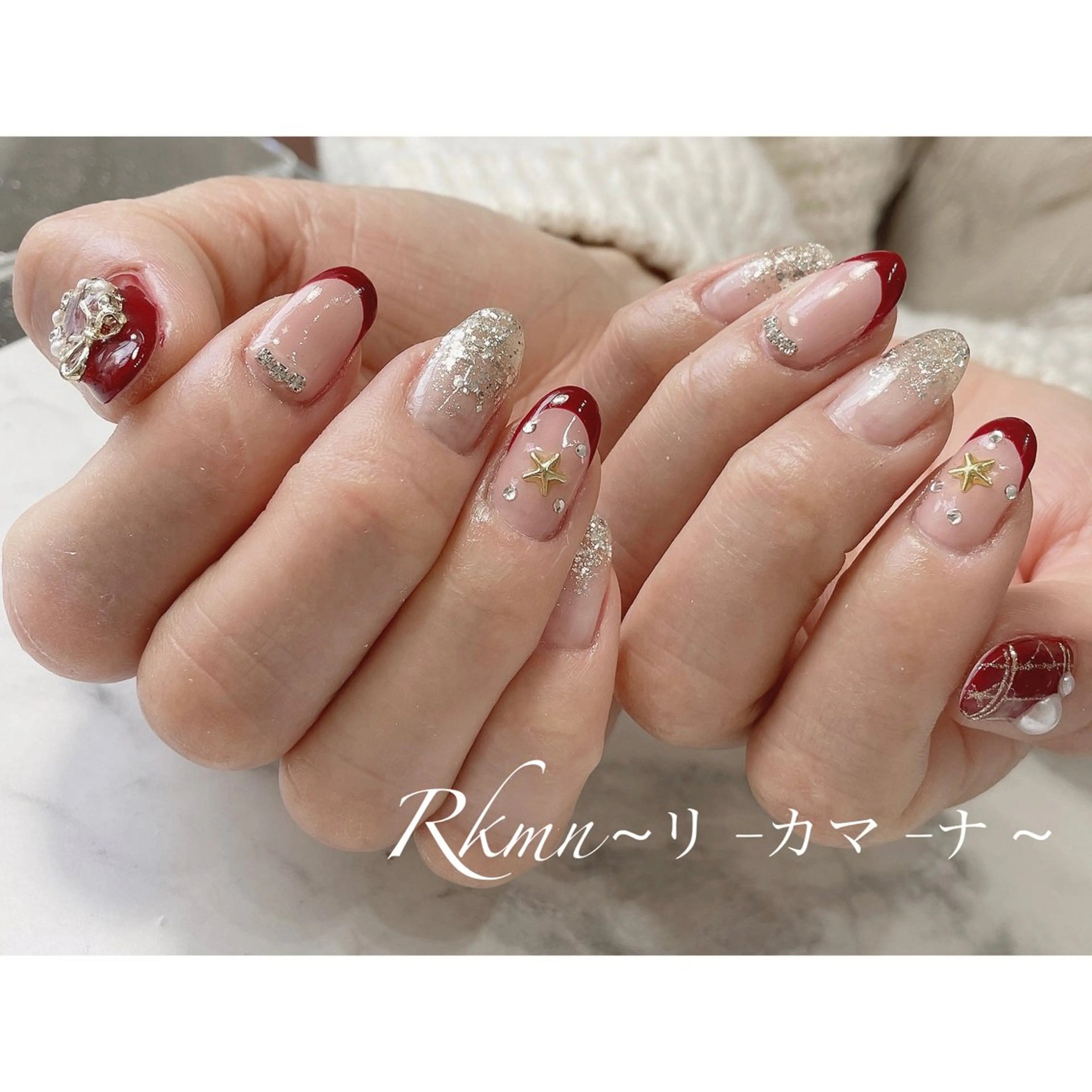 ネイル アートネイル ボルドー キラキラネイル 春ネイル 冬ネイル ハンドネイル フットネイル ハンドケア Rkmn ~リ-カマ-ナ~のネイルデザイン