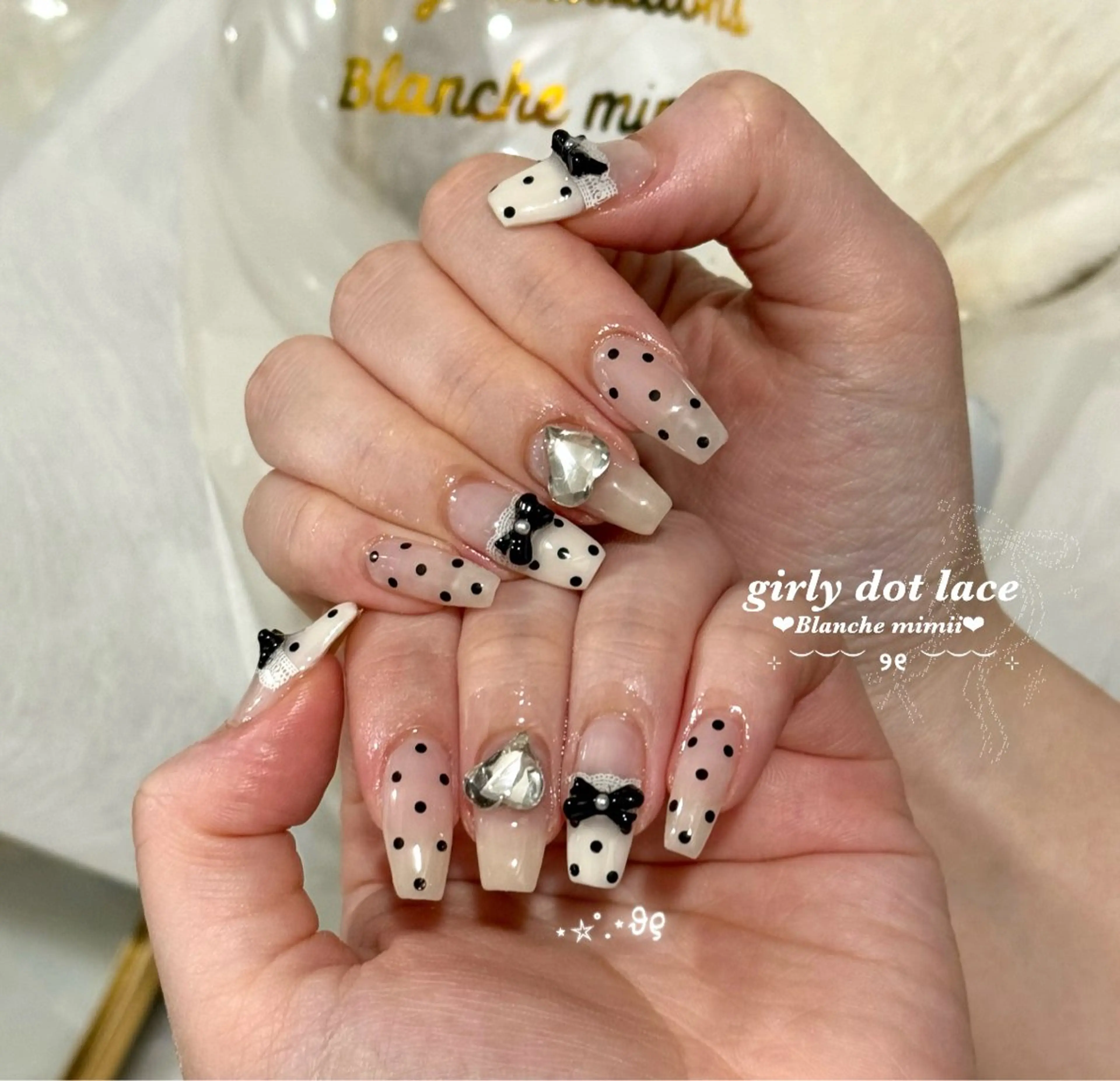 ネイル ドット ガーリー ハート 韓国ネイル レース ハンドネイル Blanche　mimii所属・Blanche Ayaのネイルデザイン