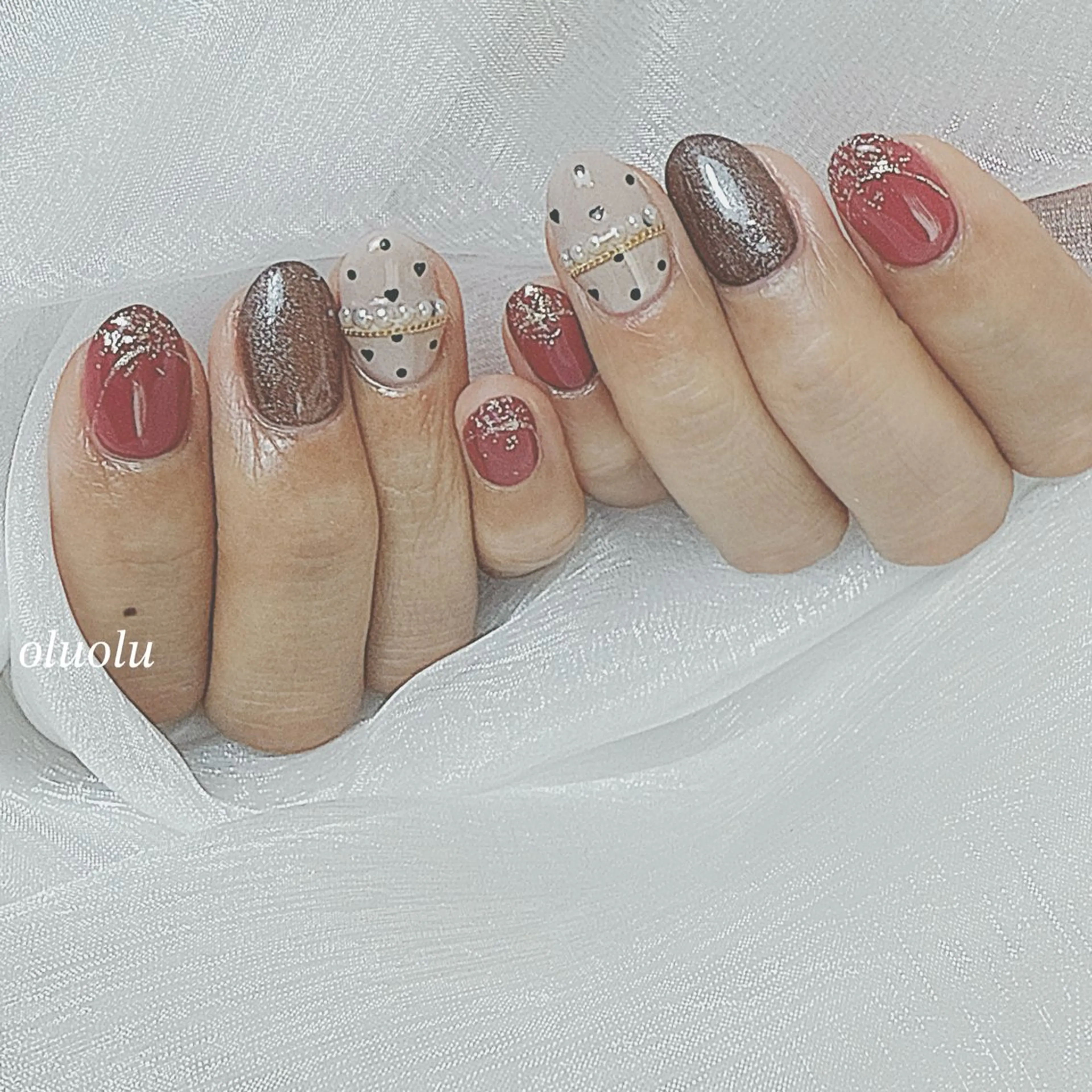 ネイル アートネイル ブルー ボルドー ドット フットネイル ハンドネイル 大村 紬華のネイルデザイン