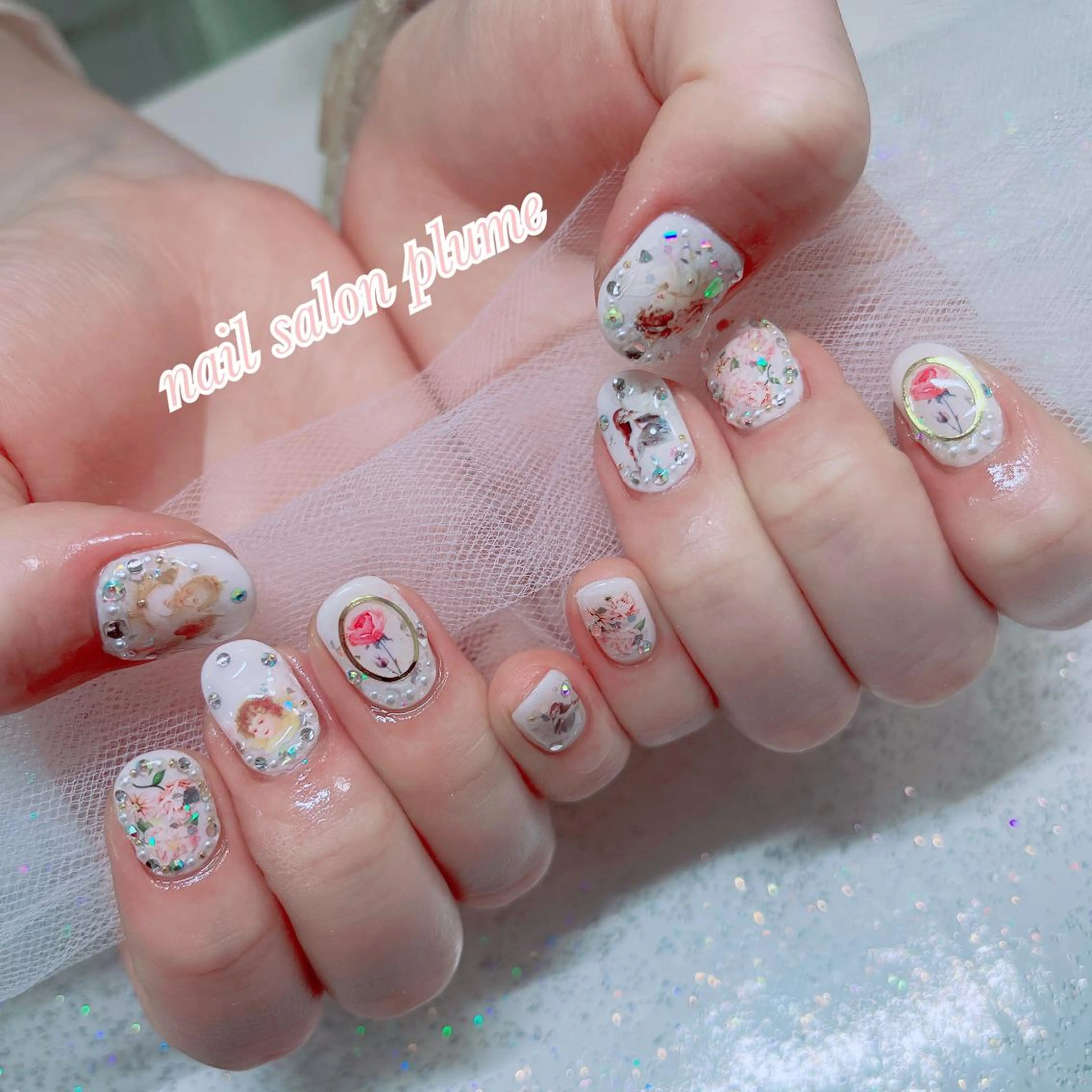 ネイル アートネイル フラワーネイル ガーリー ハート キラキラネイル ハンドネイル plume nail ☆韓国ネイルのネイルデザイン