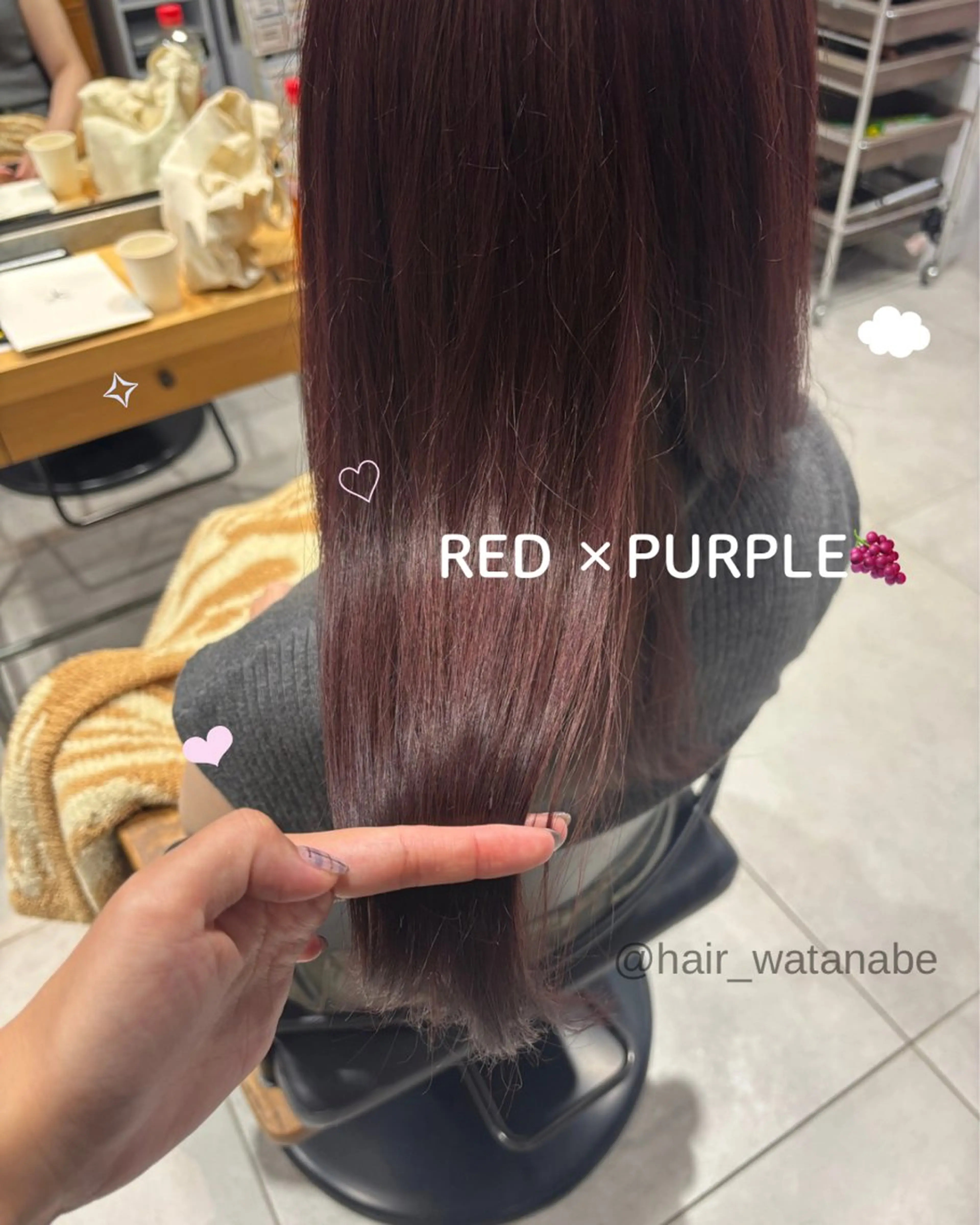 セミロング カラー ブリーチ ブリーチなしカラー パープルカラー レッドカラー 顔周りカット カット ヘアカラー トリートメント 韓国hair ·͜· watanabeのヘアスタイル