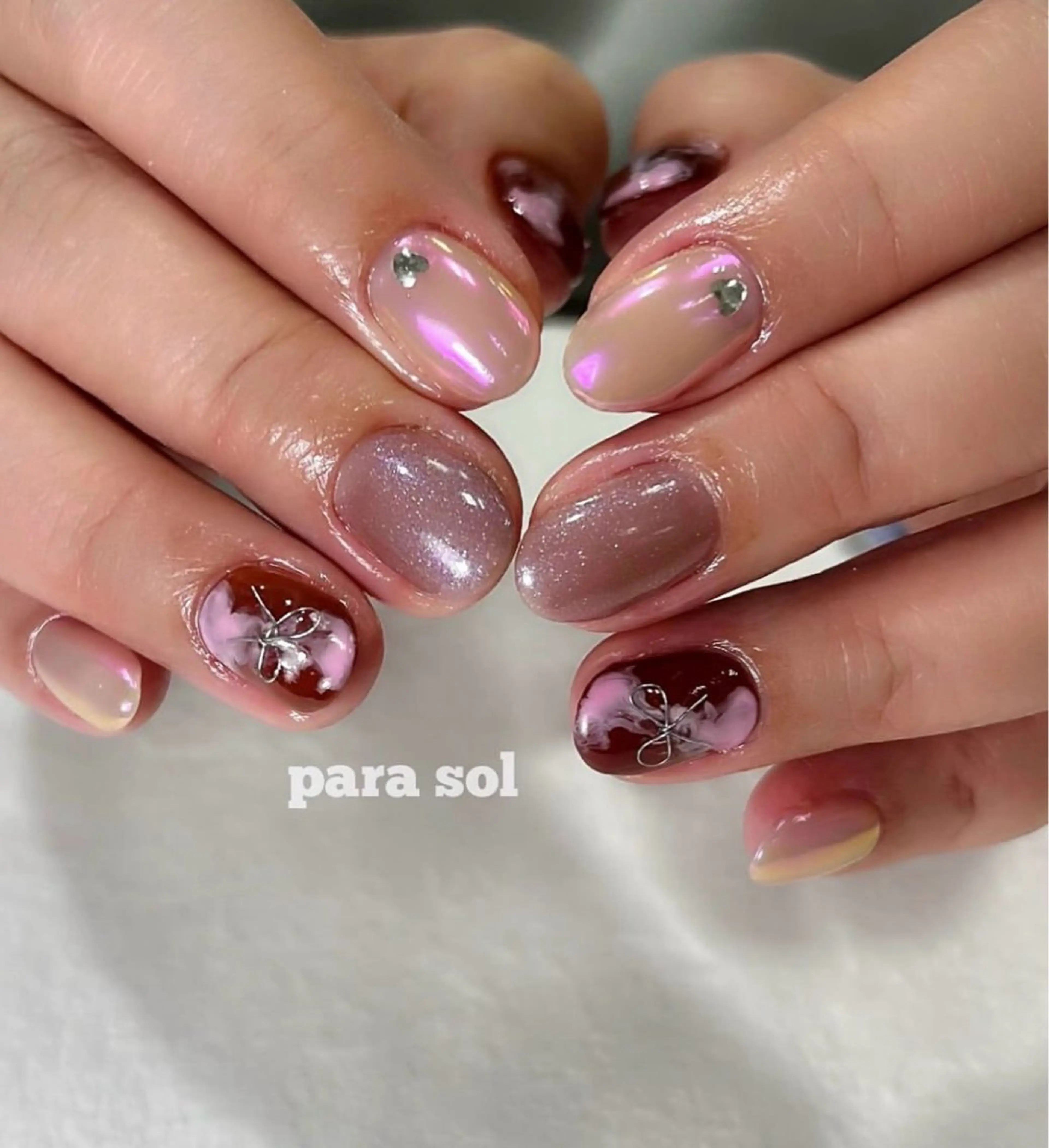 ネイル オーロラネイル ブラウン ジェルネイル パラジェル ピンク ハンドネイル para ☀︎ sol by BECK所属・Para Sol nail　Maoのネイルデザイン
