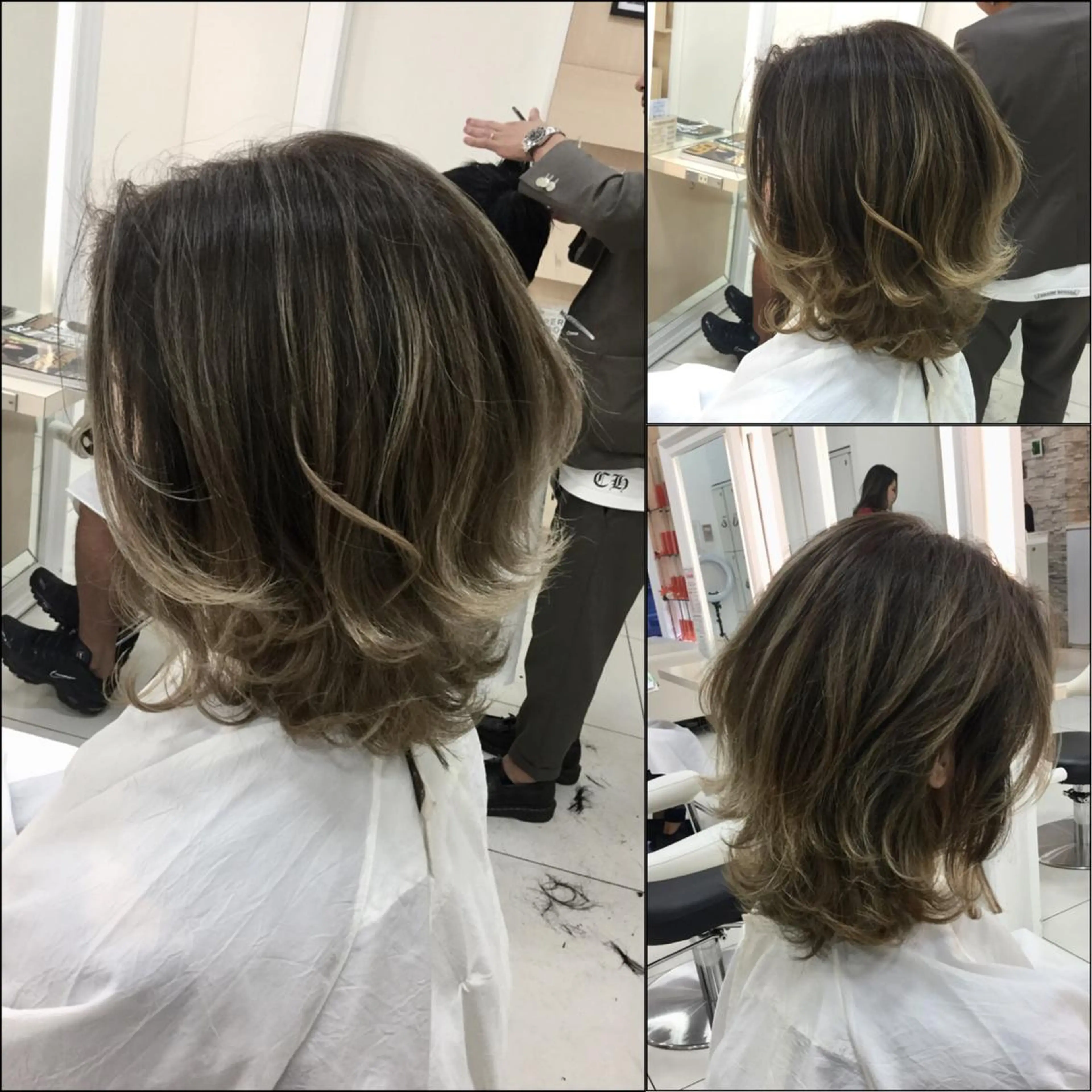 セミロング カラー アッシュ バレイヤージュ 黒髪 ブリーチ グラデーションカラー Ash 山田 勇太のヘアスタイル