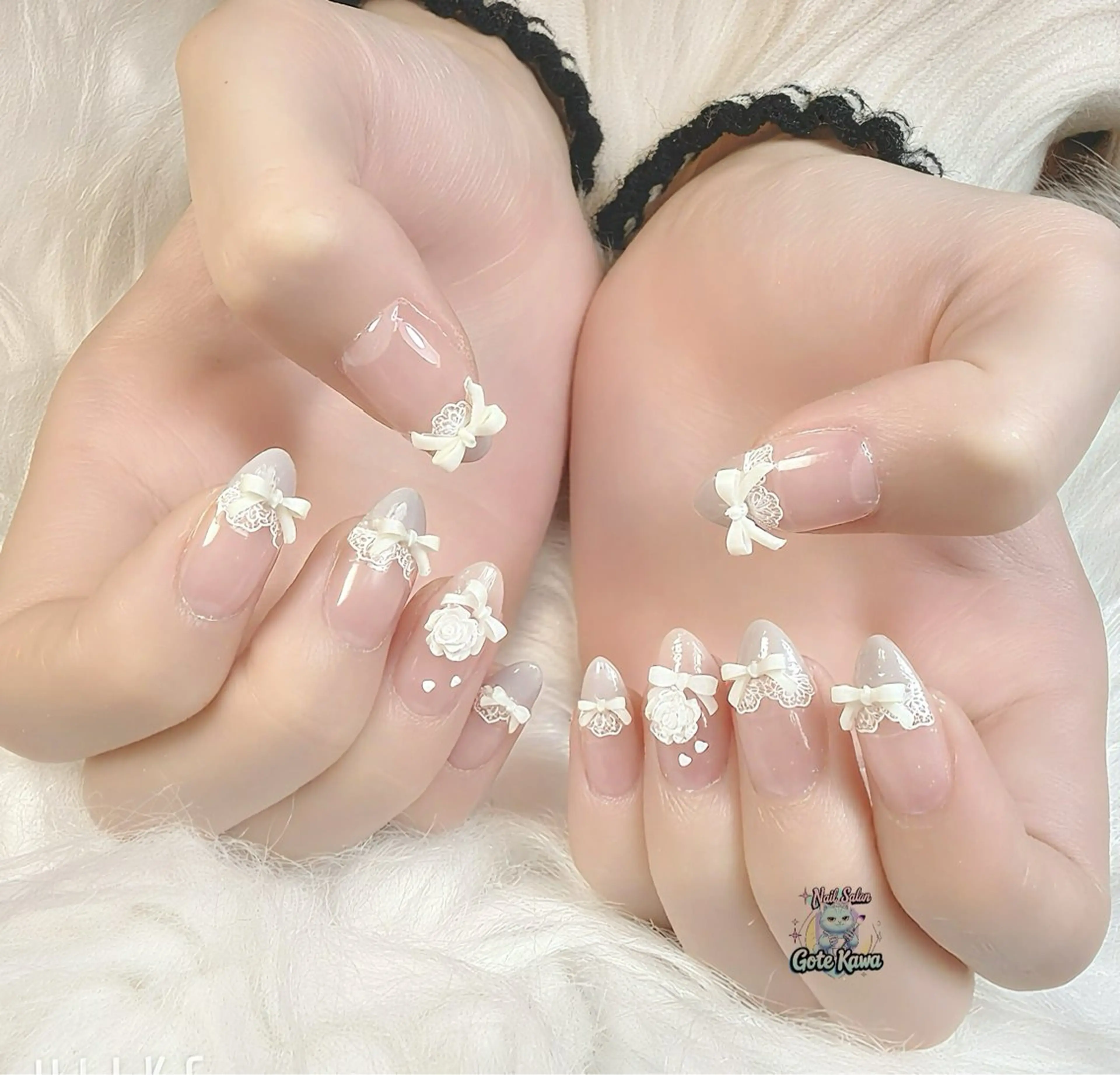 ネイル フレンチネイル レース マグネットネイル 持ち込み リボン ハンドネイル ハンドケア GOTE KAWA Nail Salon(ゴテかわ)所属・Gote Kawa nail salonのネイルデザイン