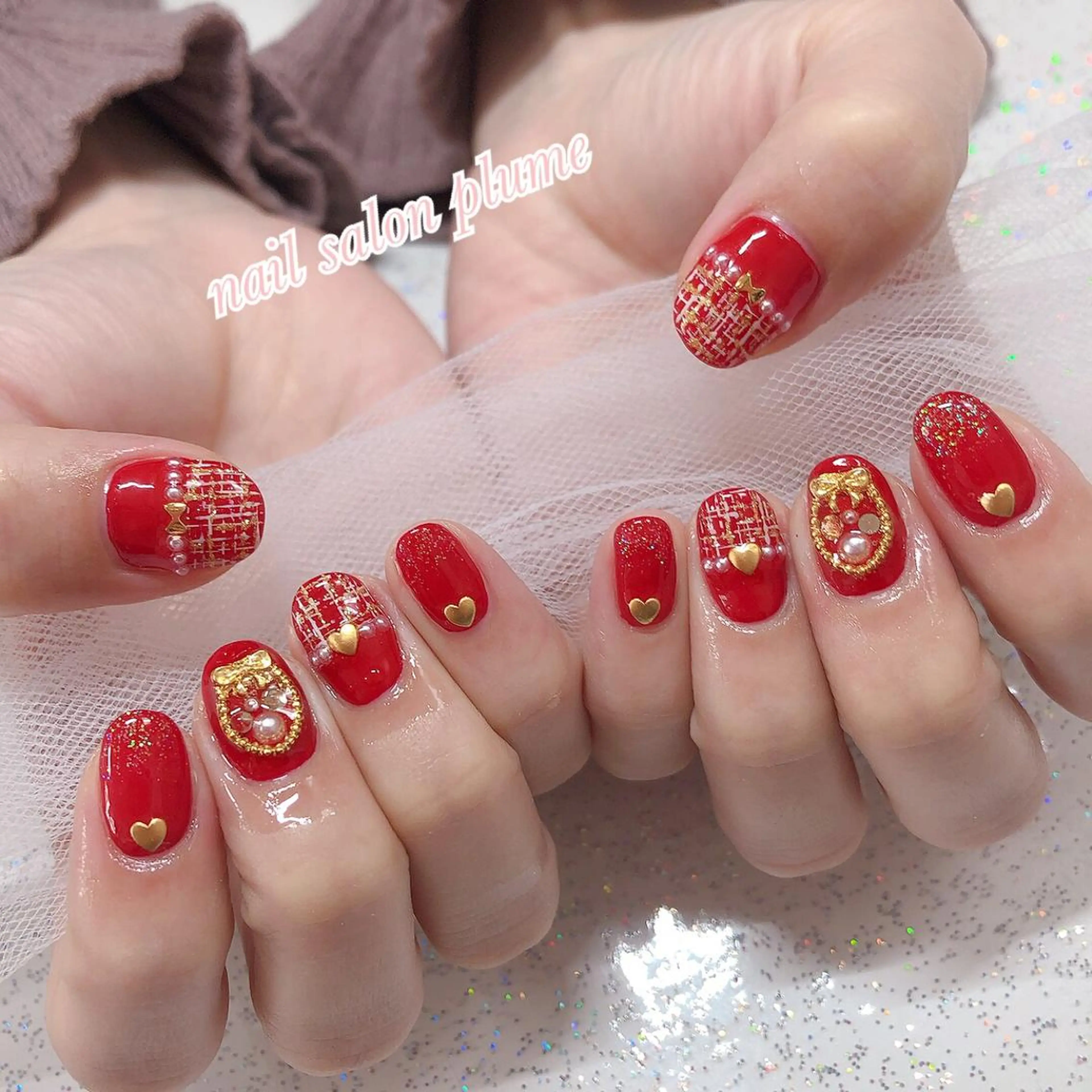 ネイル アートネイル フレンチネイル ガーリー ゴールド ハート ハンドネイル plume nail ☆韓国ネイルのネイルデザイン