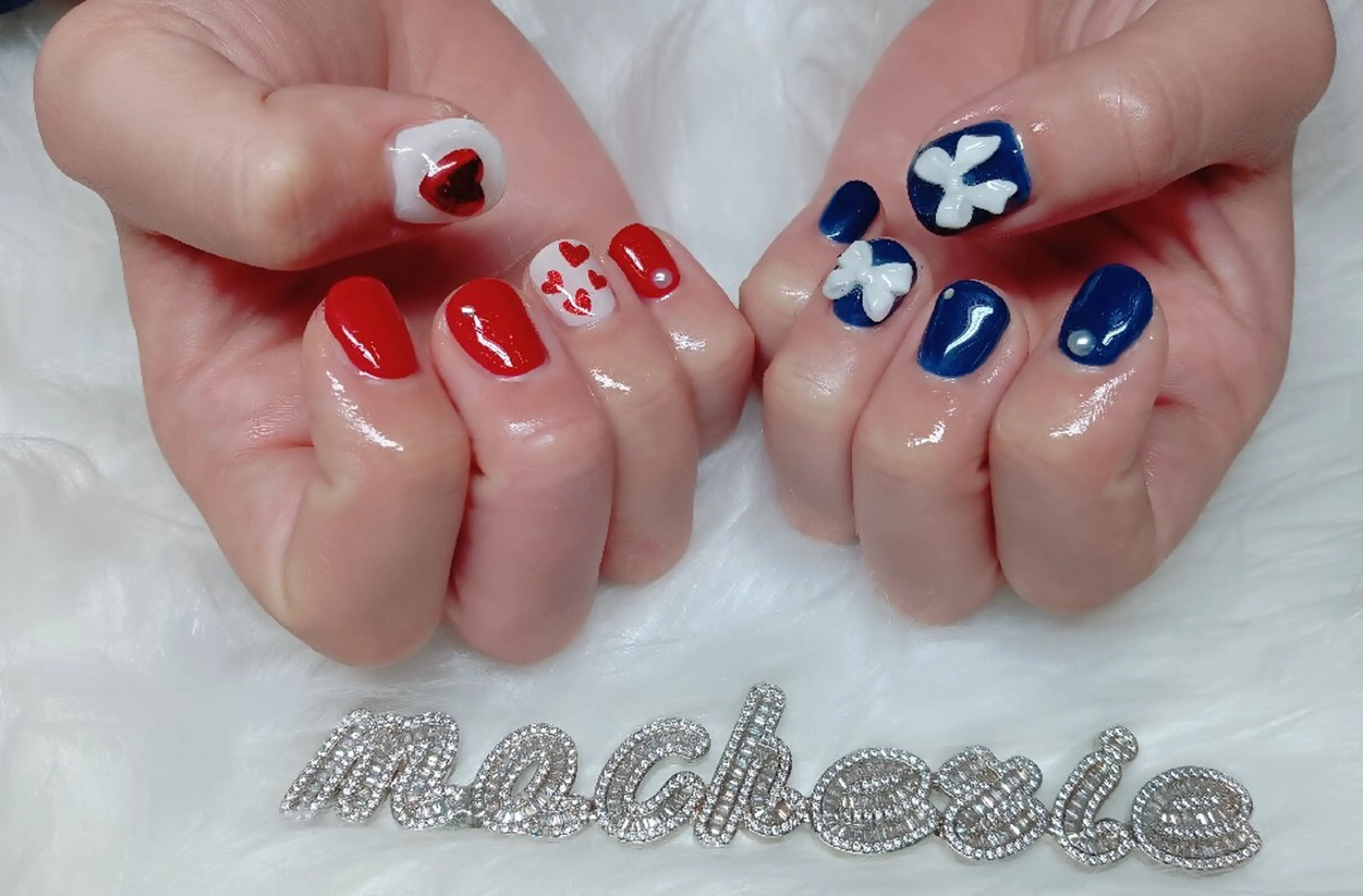 ネイル ネイビー 赤色 ハンドネイル Nail Salon macherieのネイルデザイン