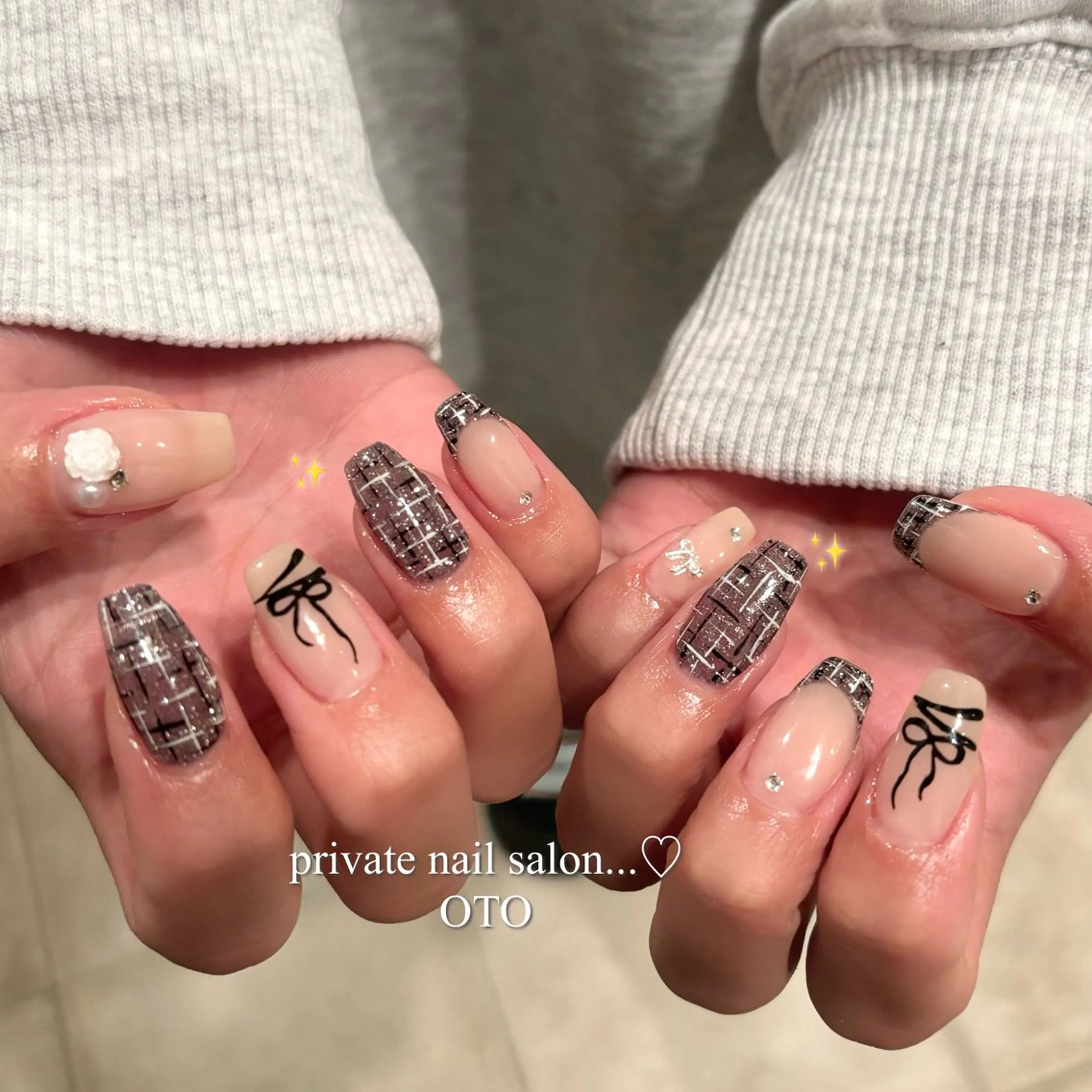 ネイル リボン ツイードネイル ハンドネイル ayaca ♡のネイルデザイン