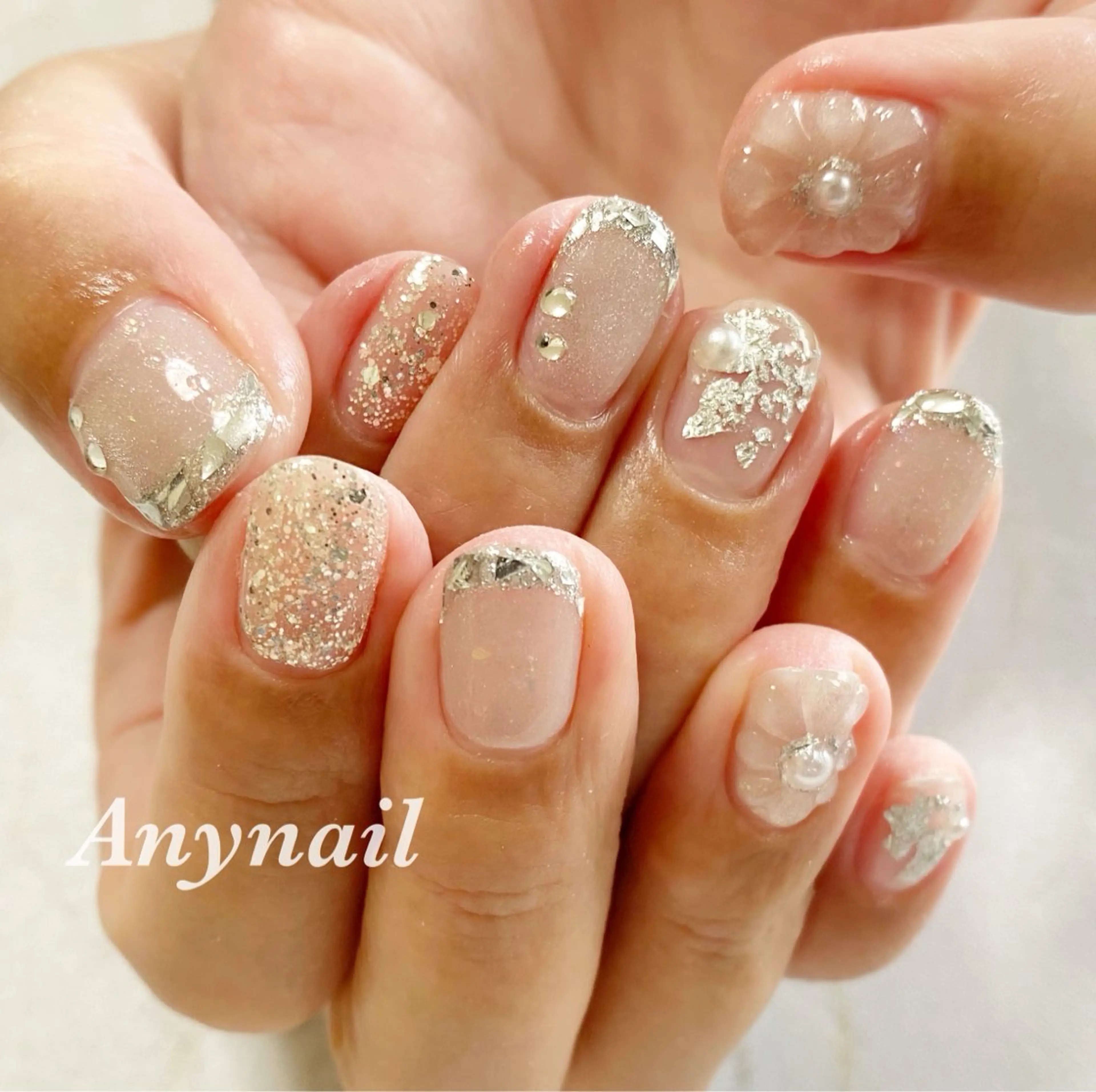 ネイル ブルー フラワーネイル フレンチネイル ガラスフレンチ キラキラネイル 岩澤 恵子のネイルデザイン