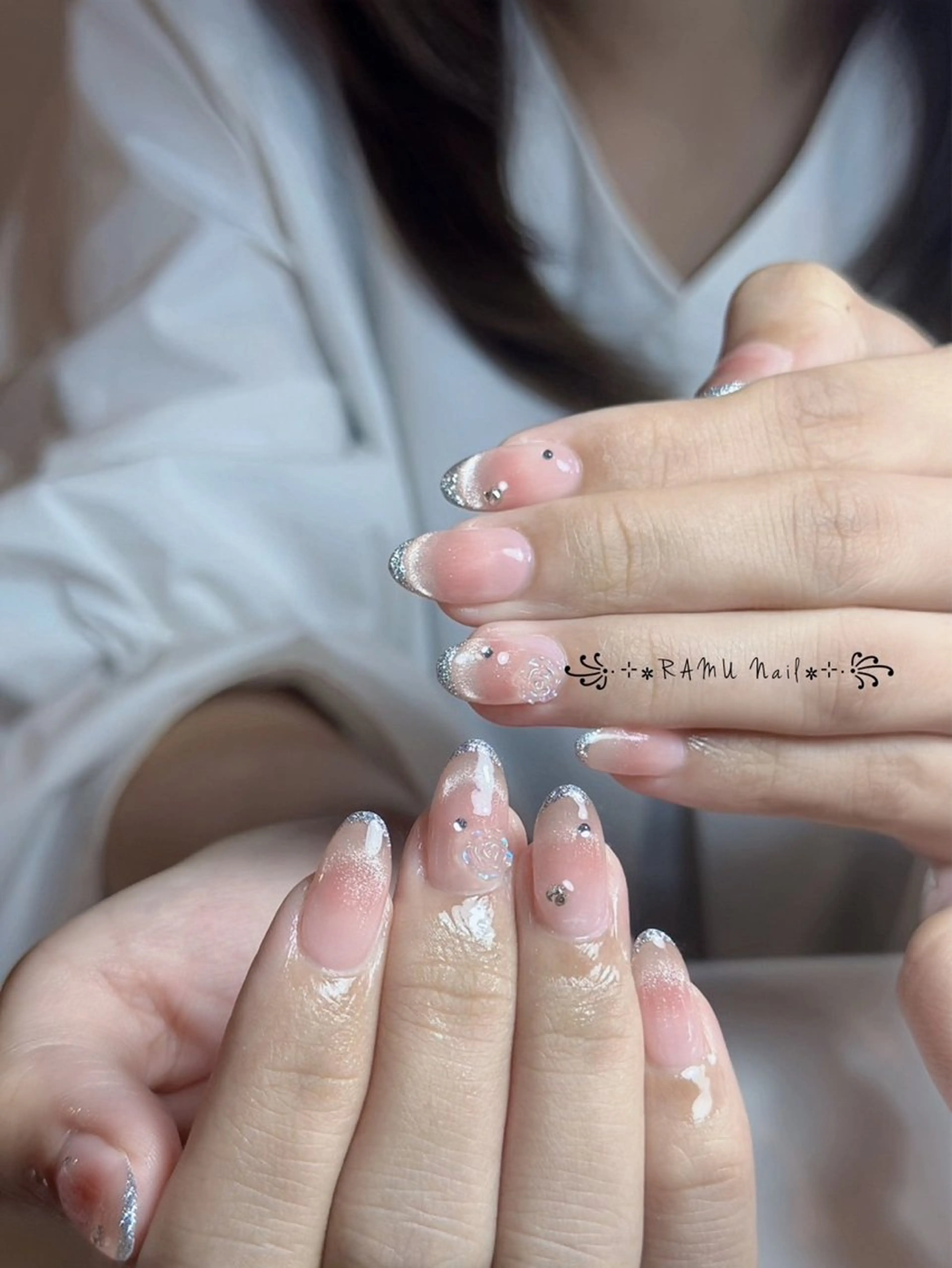 ネイル チークネイル フレンチネイル グラデーション キラキラネイル 韓国ネイル ハンドネイル RAMU_Nail 池袋店のネイルデザイン