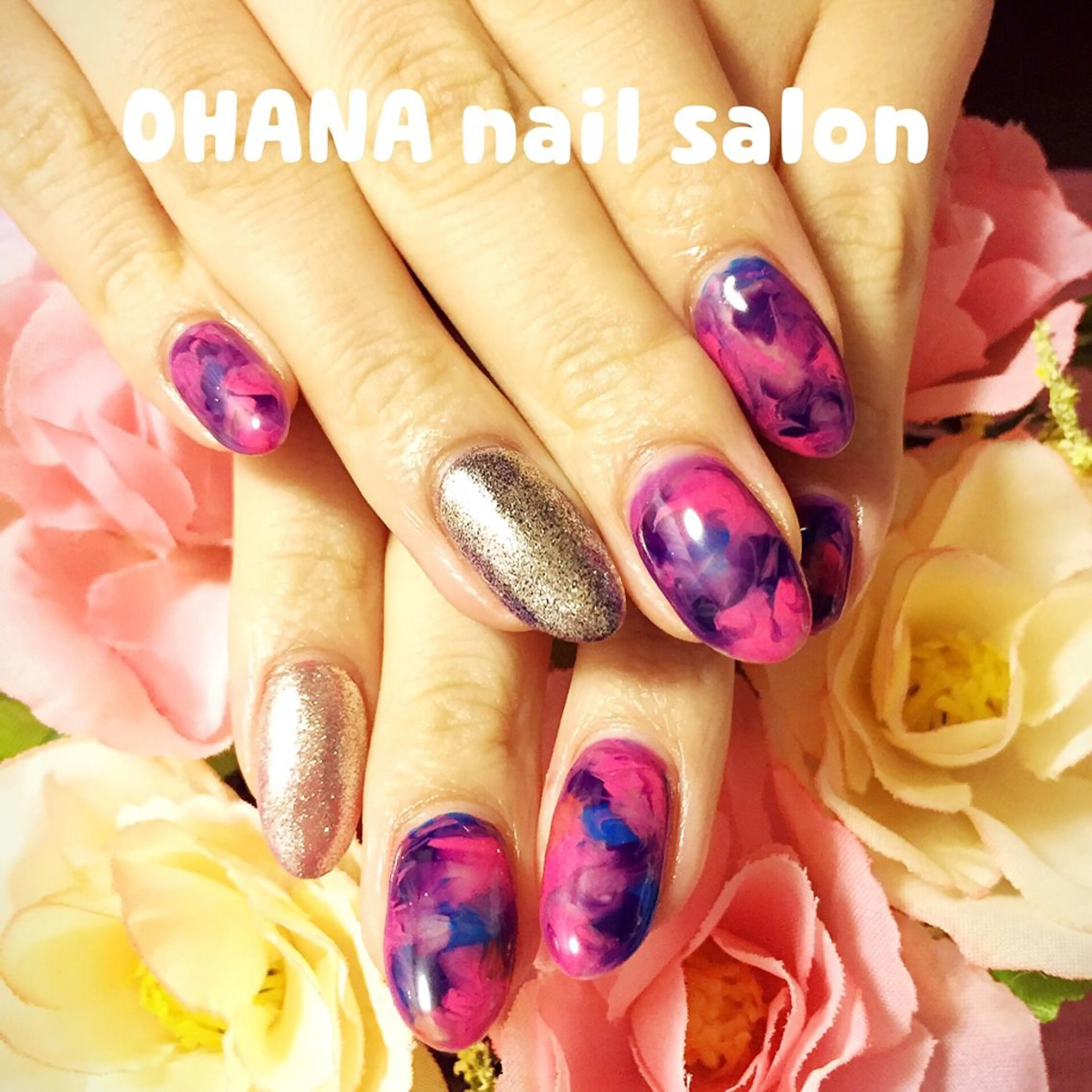 ネイル 大理石ネイル(マーブル) ミラーネイル ピンク 那覇🏝️台湾人 ネイリストSHIUのネイルデザイン