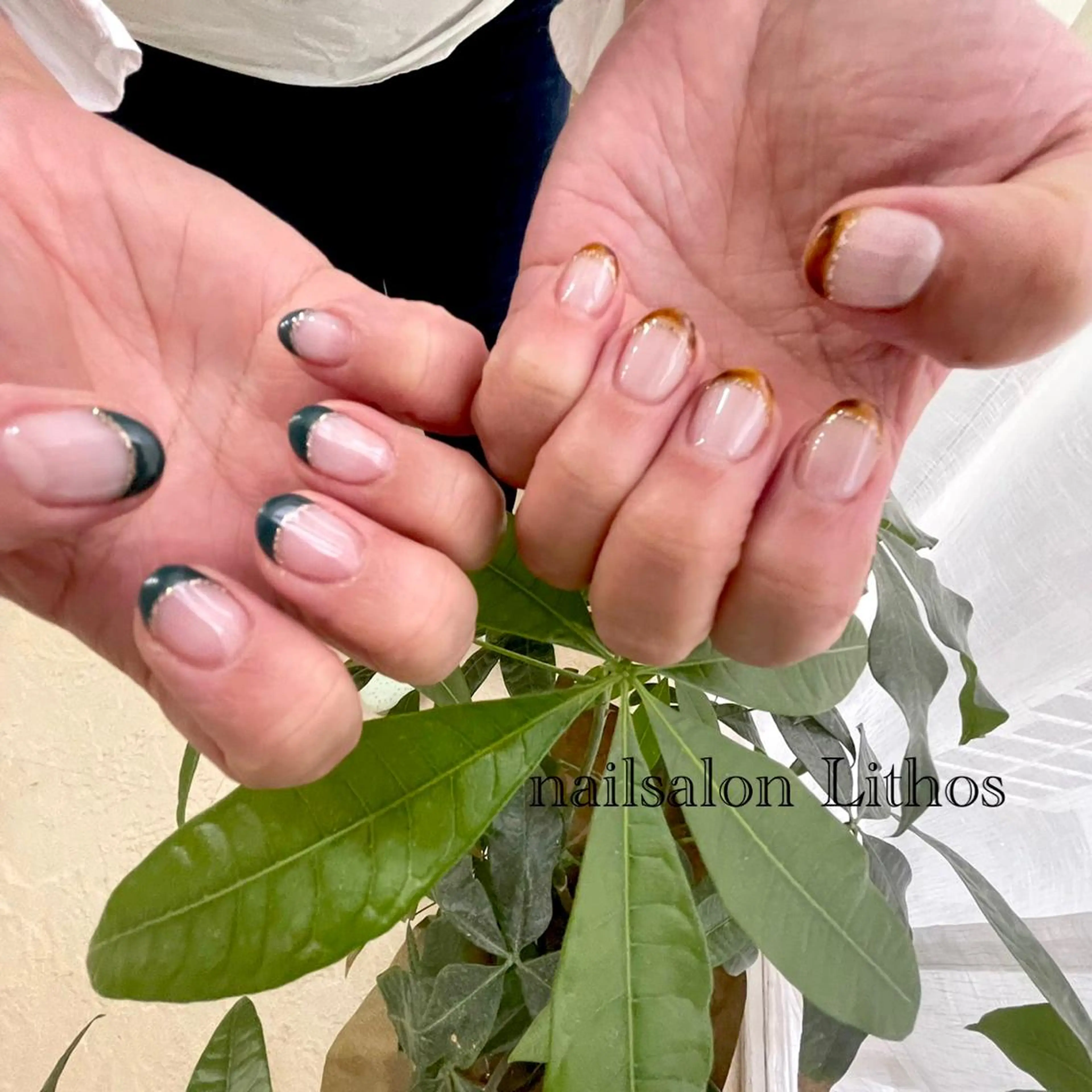 ネイル べっ甲ネイル グリーン ハンドネイル nailsalon Lithos所属・nailsalon Recontreのネイルデザイン