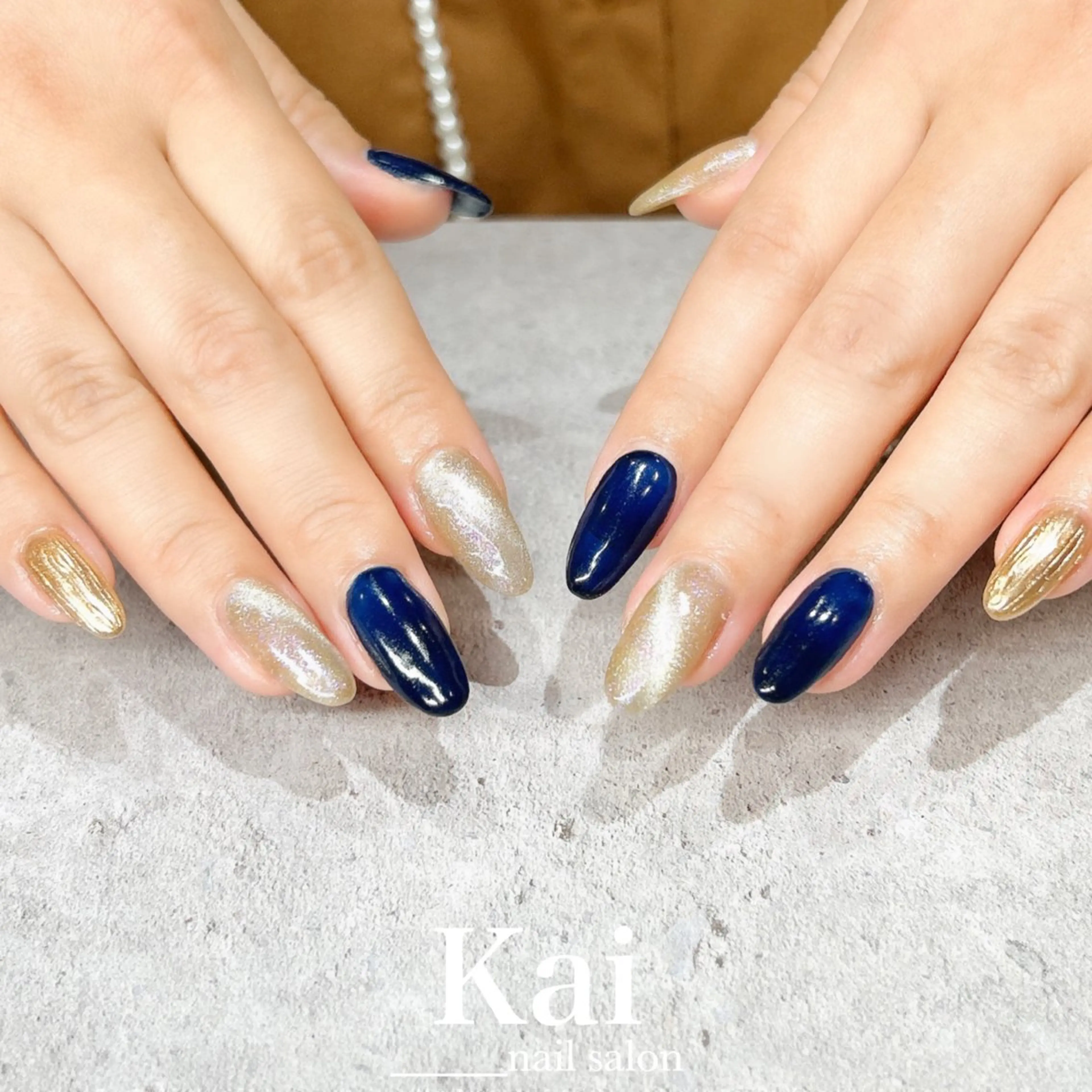 ネイル 長さ出し ゴールド ロングネイル マグネットネイル ミラーネイル ハンドネイル Kai  nail Mayukoのネイルデザイン