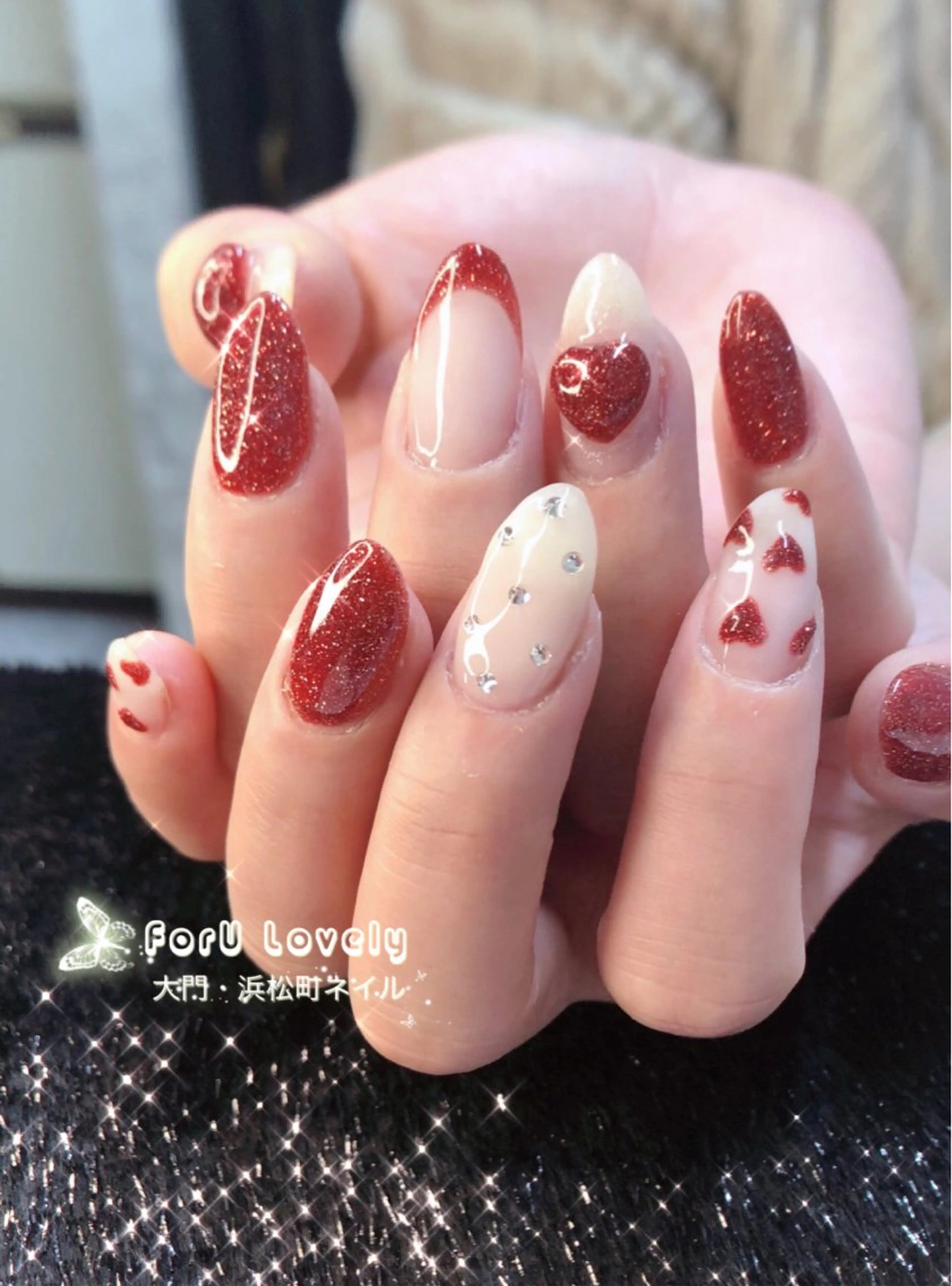 ネイル ダブルフレンチ フレンチネイル ガラスフレンチ ハート 韓国ネイル 大門浜松町 ネイルのネイルデザイン