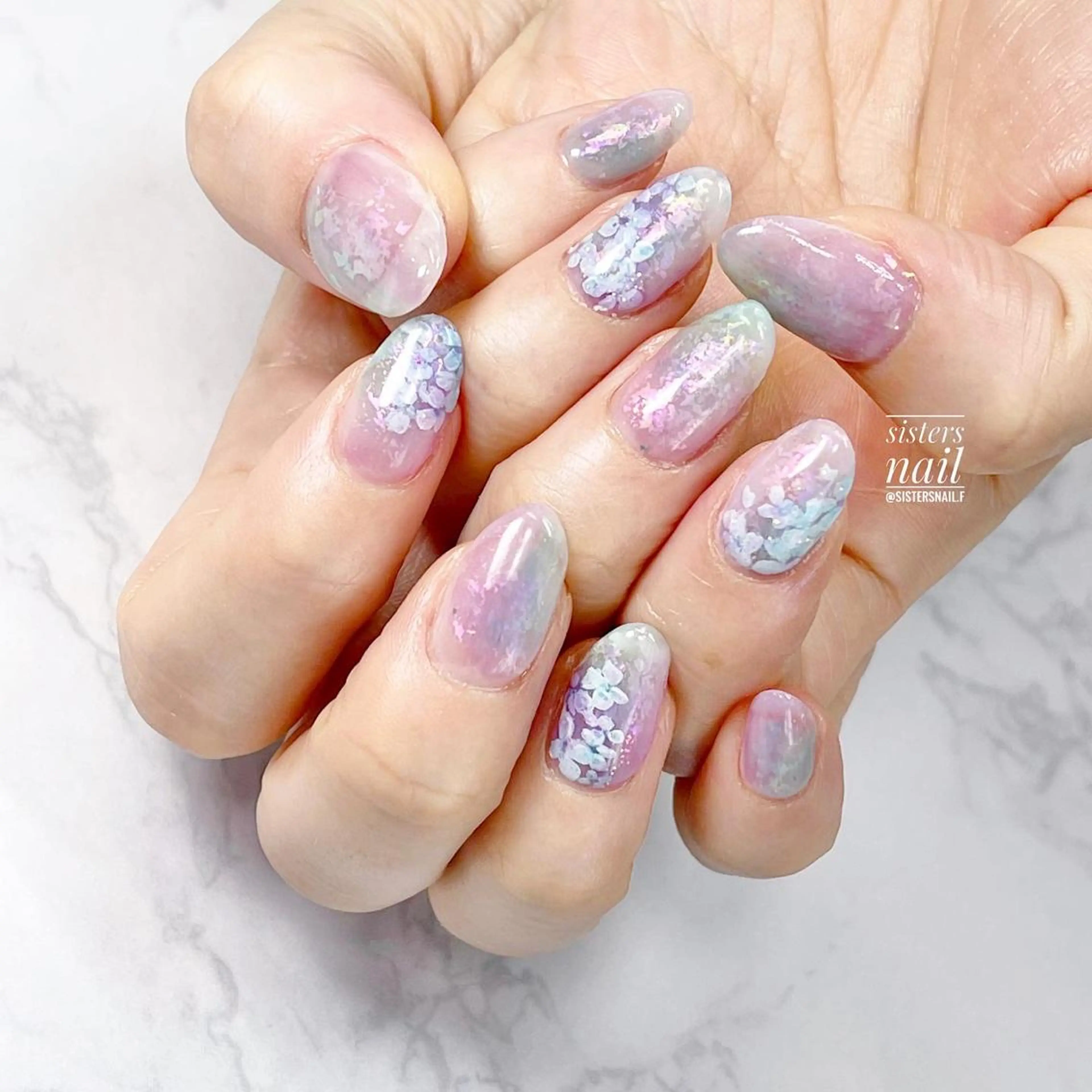 ネイル アートネイル ブルー キラキラネイル パープル 夏ネイル sisters nail.fのネイルデザイン