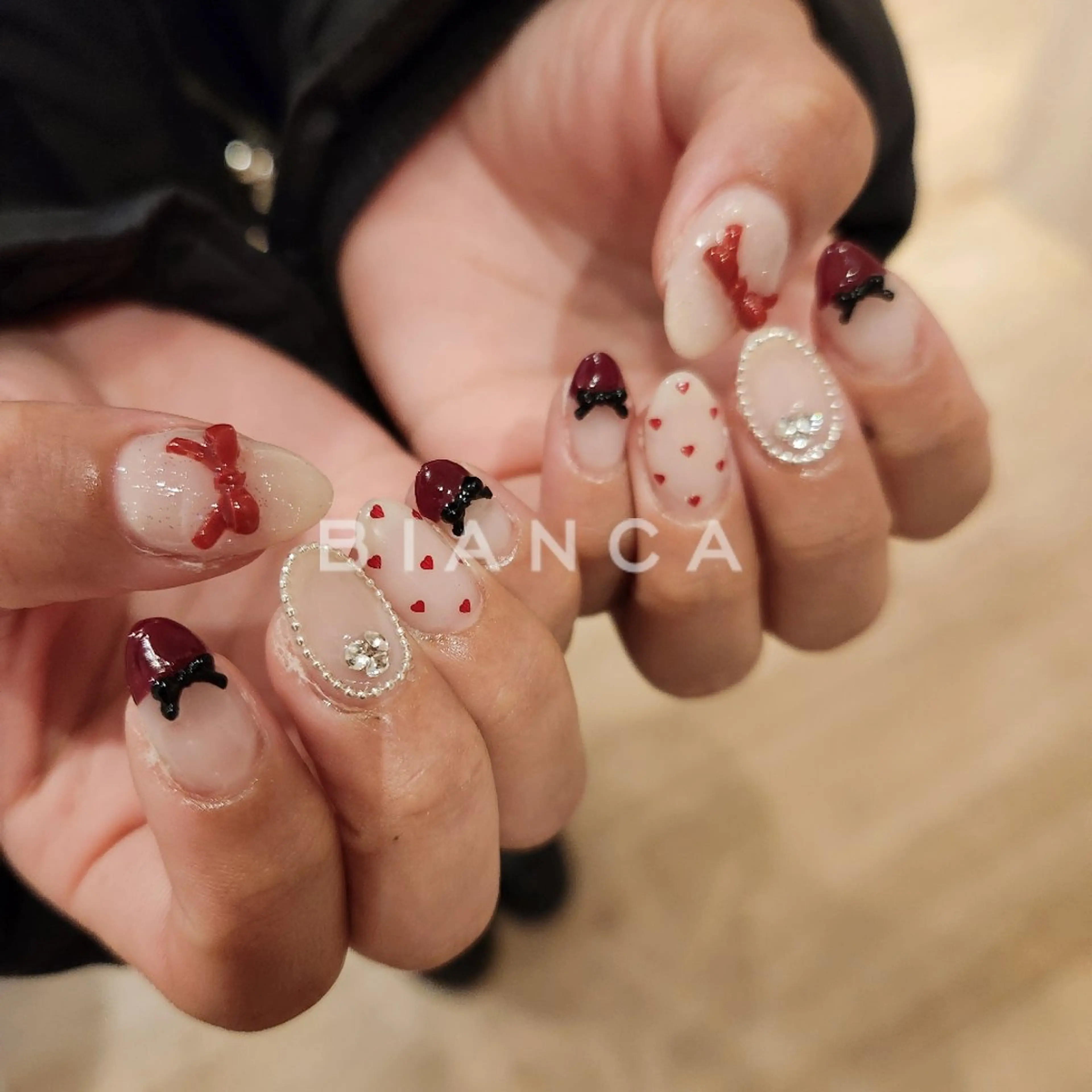ネイル 持ち込み リボン シンプルネイル バレンタイン 冬ネイル ハンドネイル Bianca名駅店 あゆのネイルデザイン