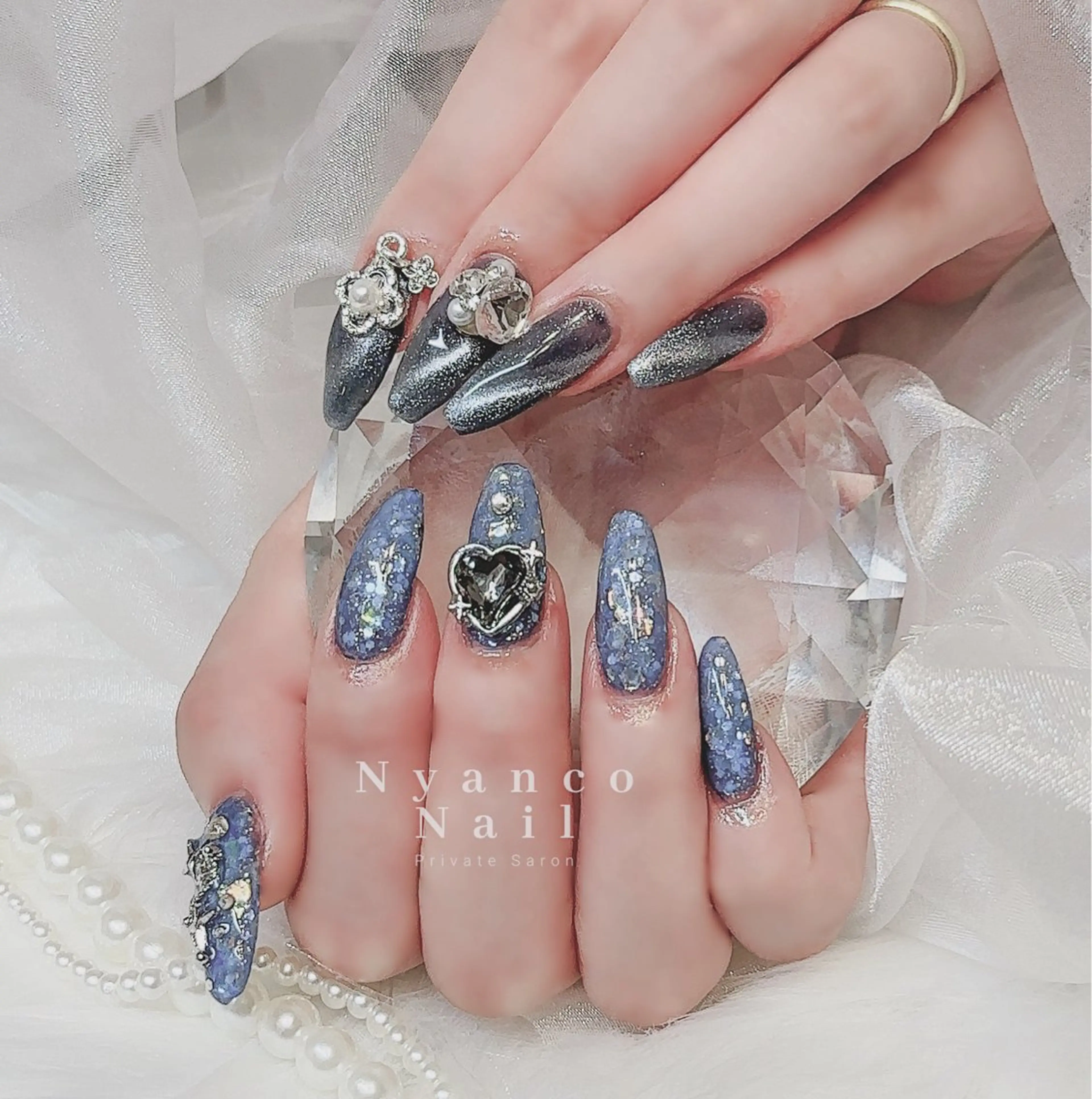 ネイル ブルー フレンチネイル ジェルネイル 氷ネイル・うるうるネイル キラキラネイル Nyanco Nailのネイルデザイン