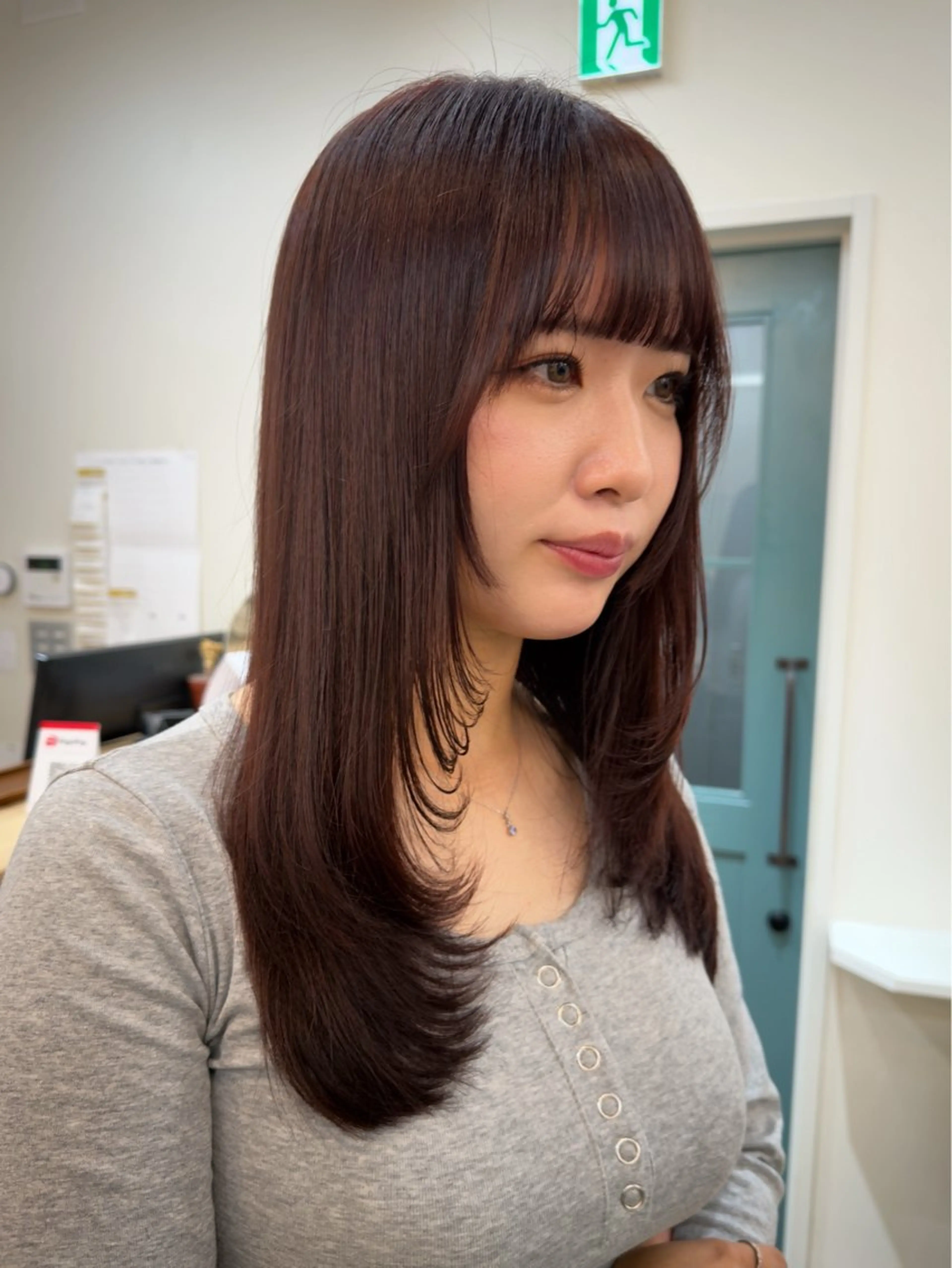 ロング カラー ボルドーカラー ハイレイヤー レイヤーカット おくれ毛 カット ヘアカラー トリートメント レイヤー/顔周り /いいぬまみかのヘアスタイル