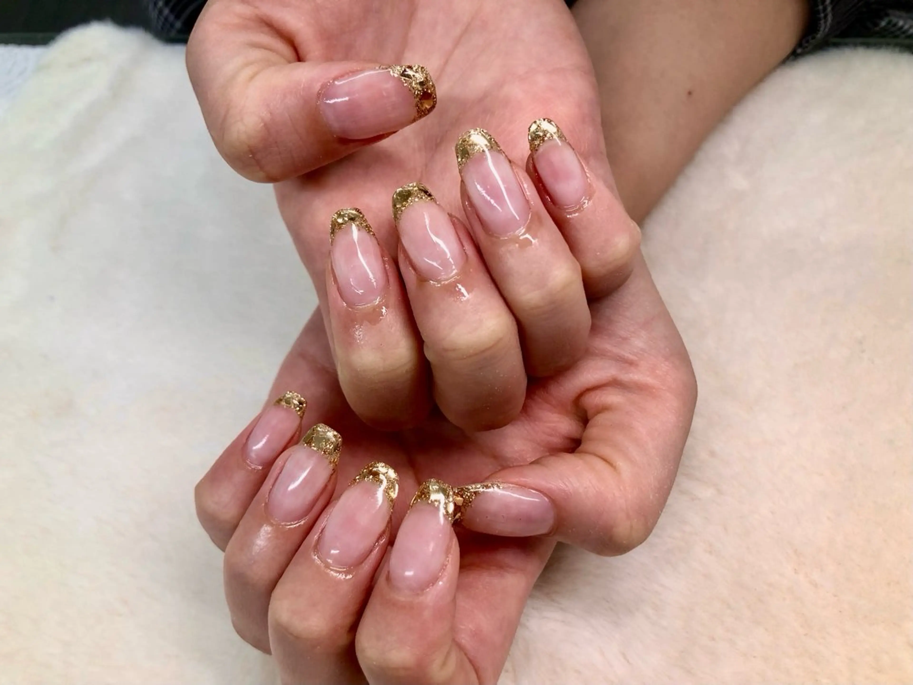 ネイル フレンチネイル ガラスフレンチ ゴールド ゴージャス キラキラネイル 心斎橋Salon Epokkuのネイルデザイン