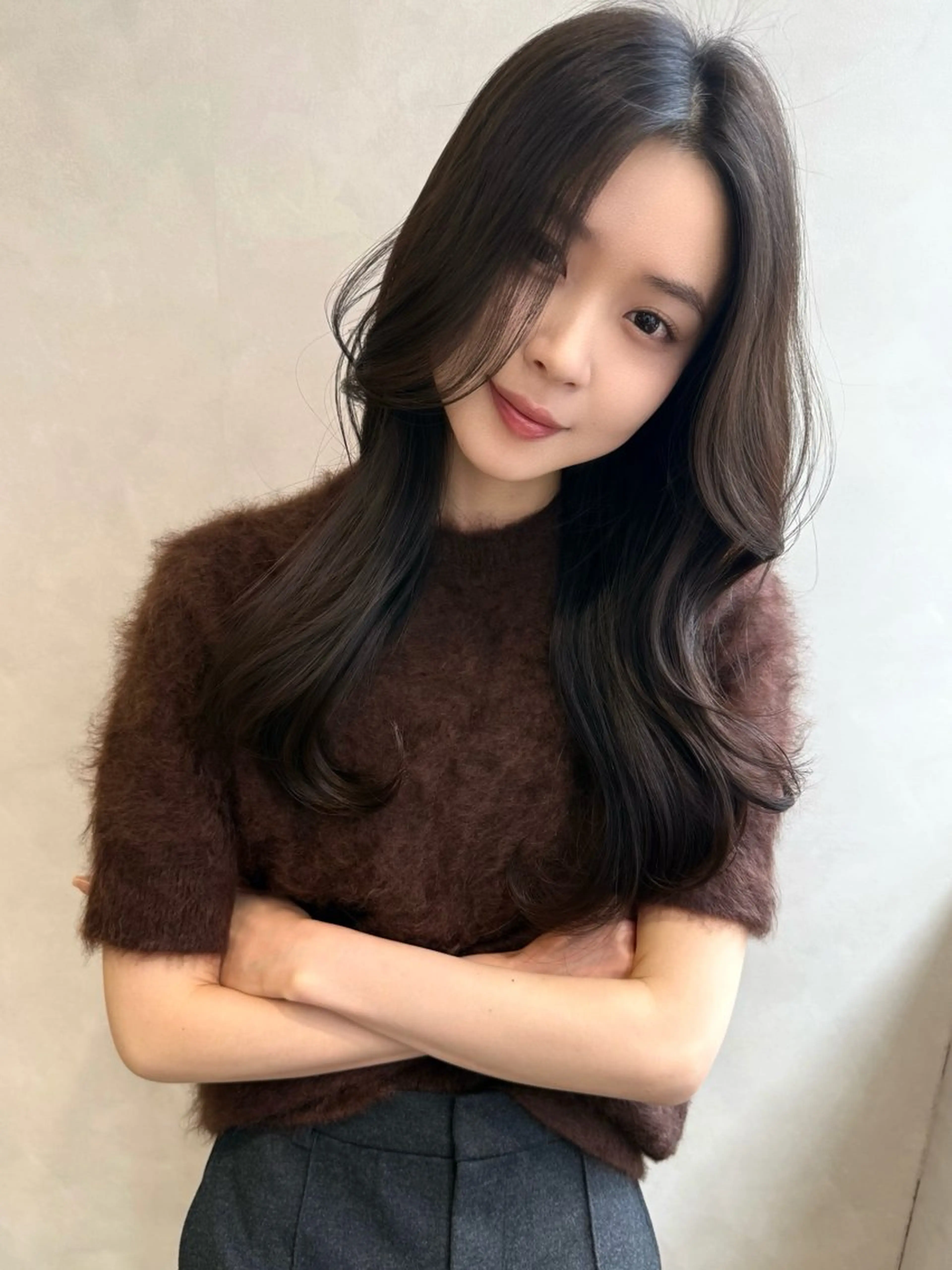 ロング カラー カット ヘアカラー トリートメント むく。/顔周り 前髪/髪質改善のヘアスタイル