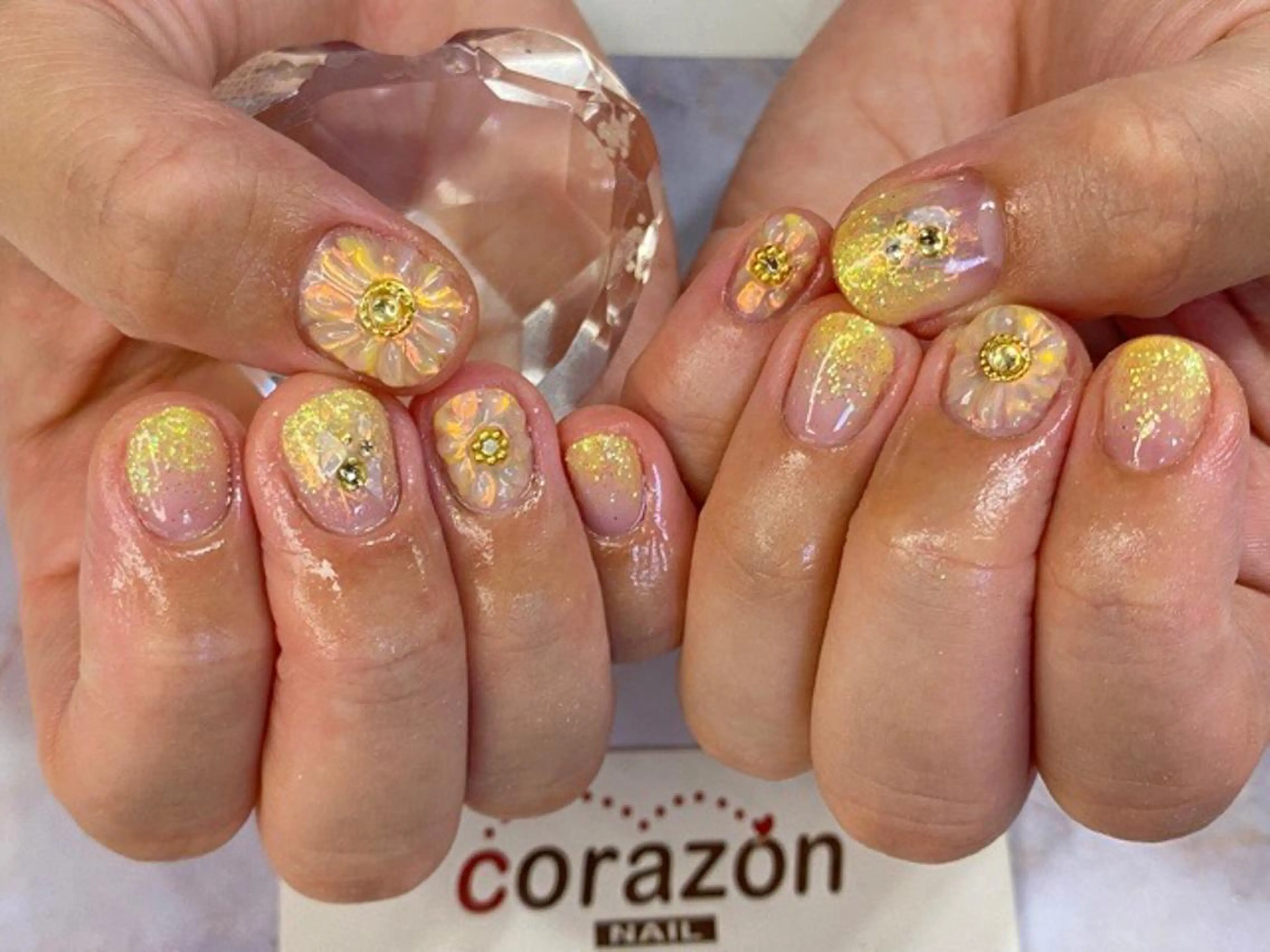 ネイル クリアネイル ゴールド ラメ(グリッター) ミラーネイル オレンジ corazon所属・ネイリスト aicoのネイルデザイン