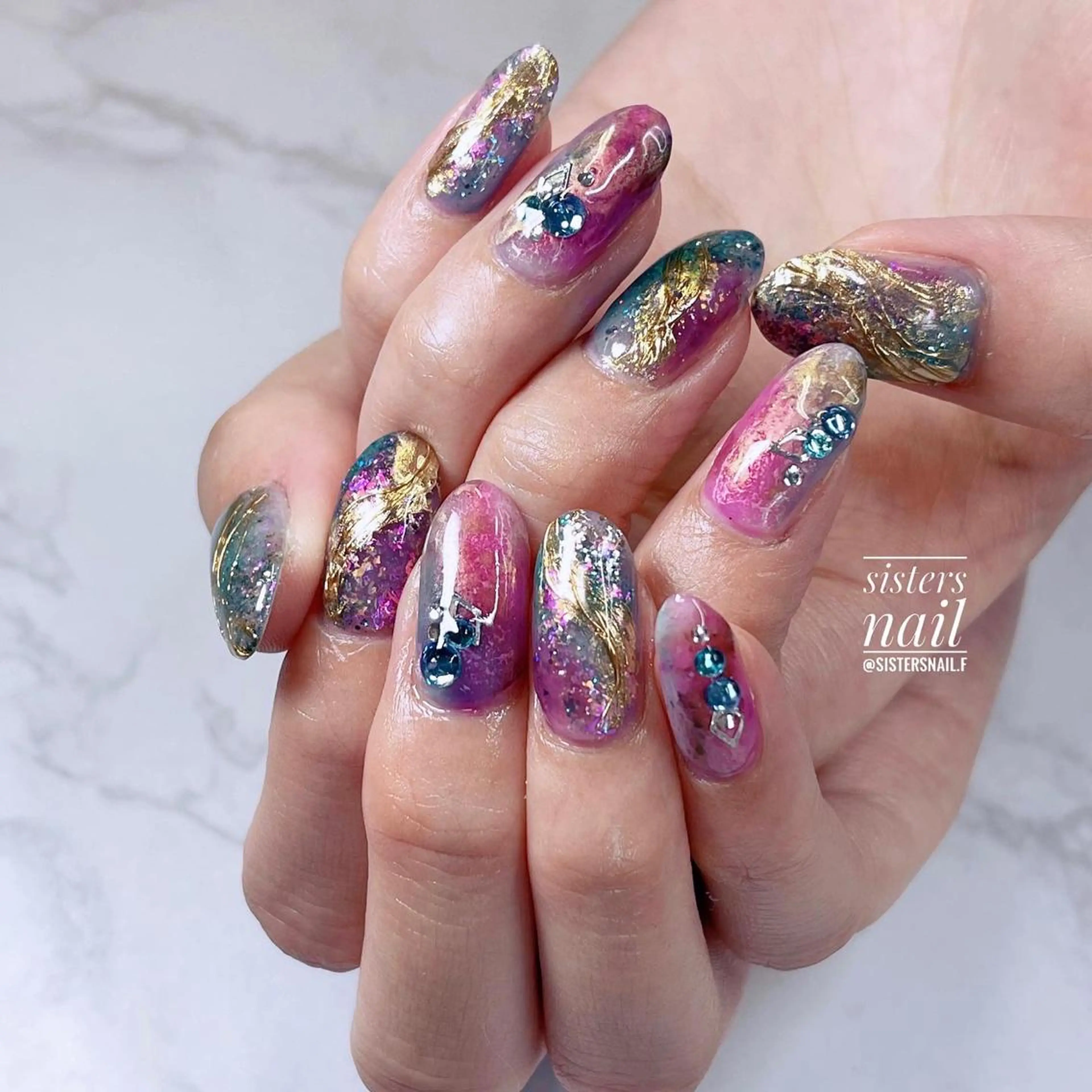 ネイル アートネイル オーロラネイル ブルー クリアネイル キラキラネイル sisters nail.fのネイルデザイン