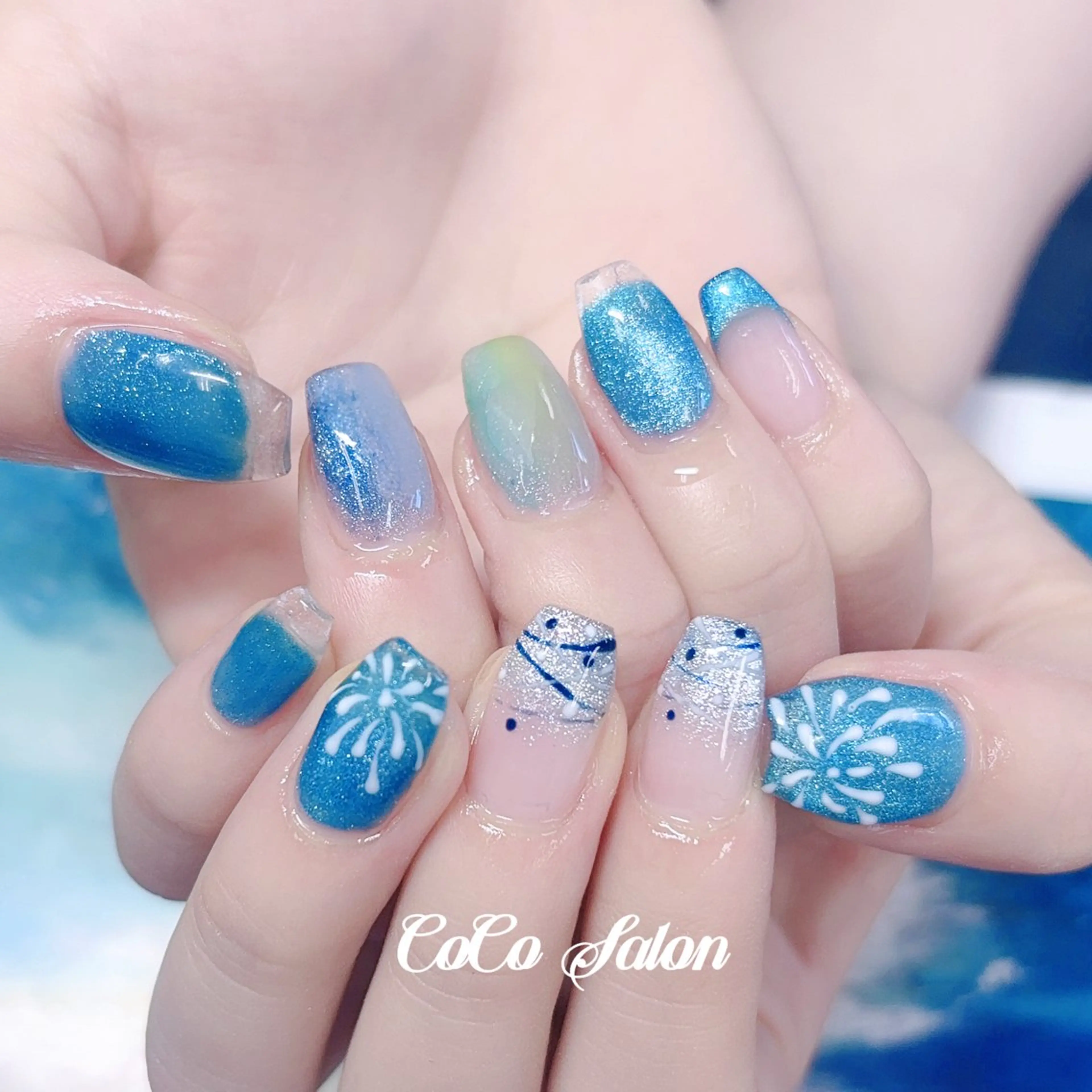 ネイル アートネイル ブルー クリアネイル フレンチネイル ジェルネイル ハンドネイル CoCoSalon ネイル/まつ毛予約のネイルデザイン