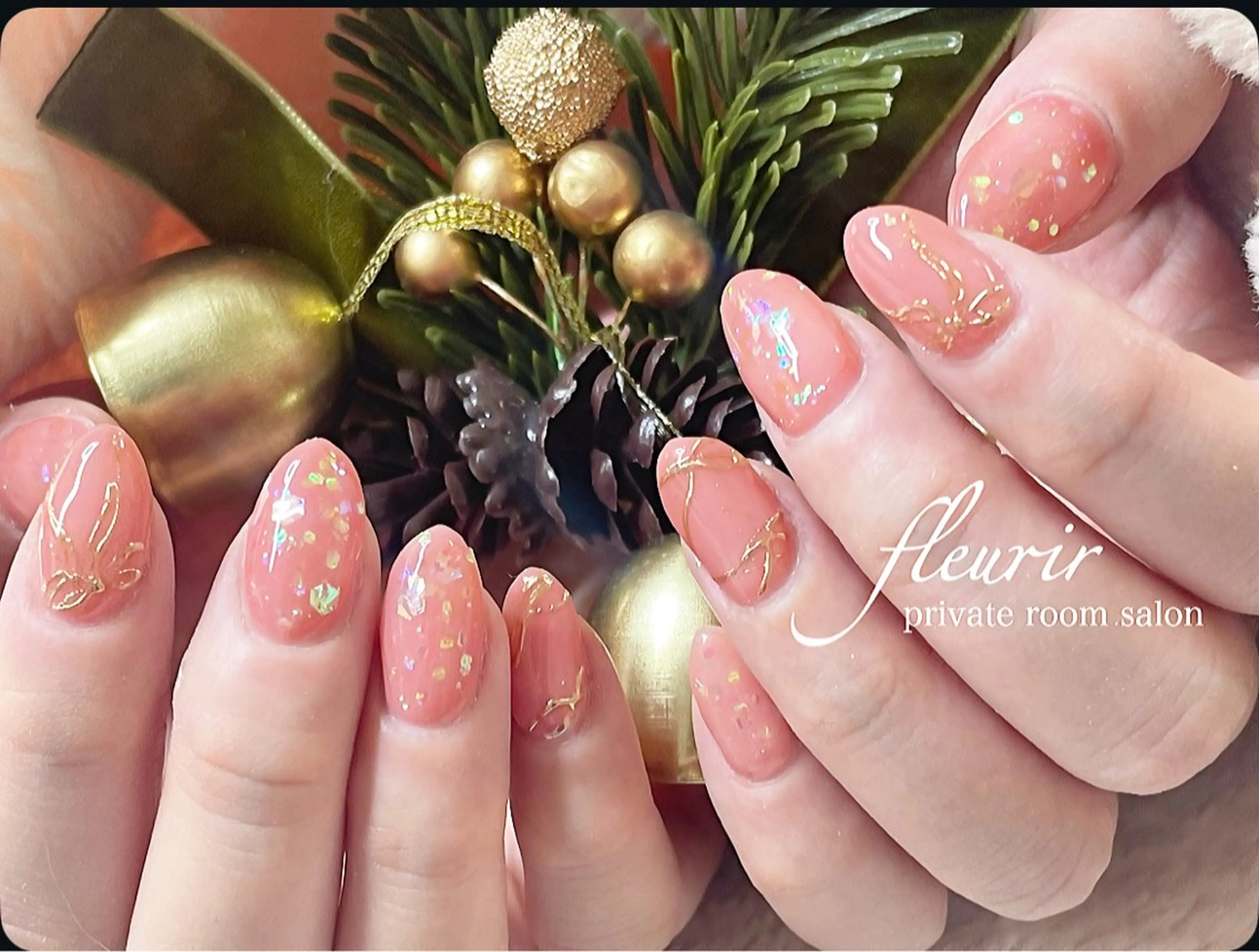 ネイル アートネイル ホログラムネイル ミラーネイル ピンク リボン ハンドネイル フルリール 【プライベートサロンのネイルデザイン