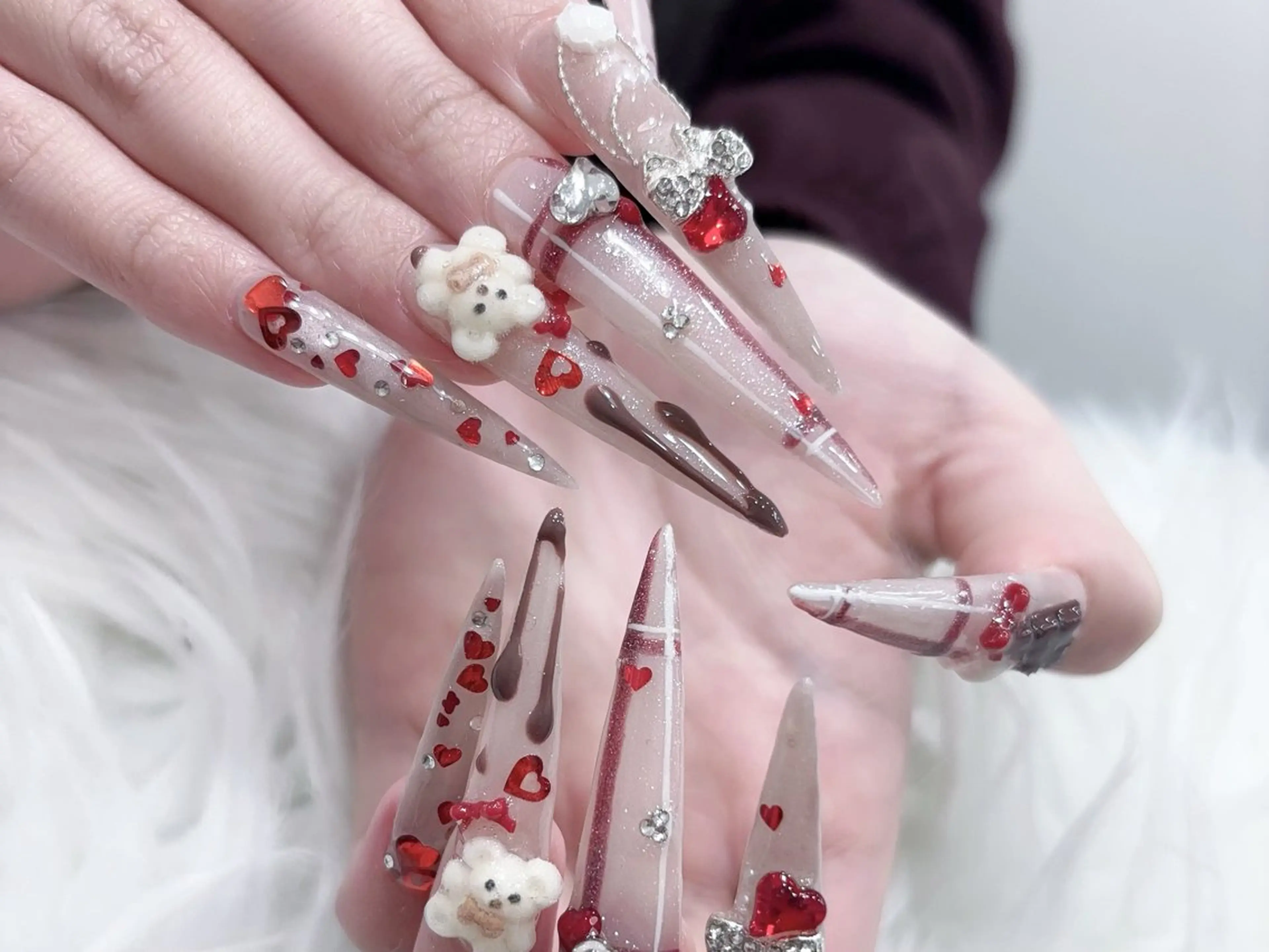 ネイル 成人式 マグネットネイル 大理石ネイル(マーブル) リボン 夏ネイル ハンドネイル MoMoA Nail ネイル長さ出し専門店のネイルデザイン