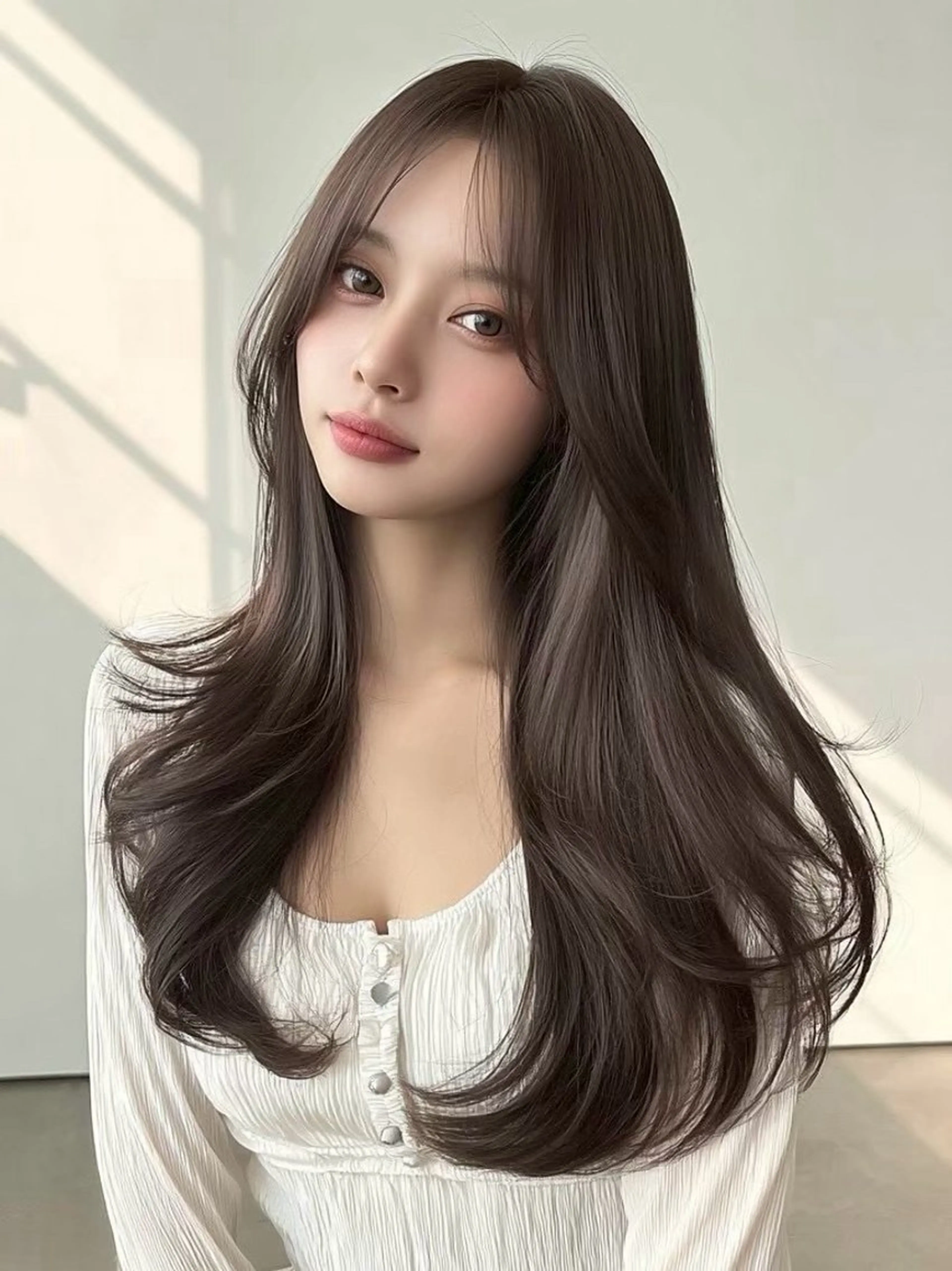 ロング ボブ 顔まわりレイヤー 韓国風ヘア レイヤーカット ウルフカット 岡田 望愛🫧のヘアスタイル