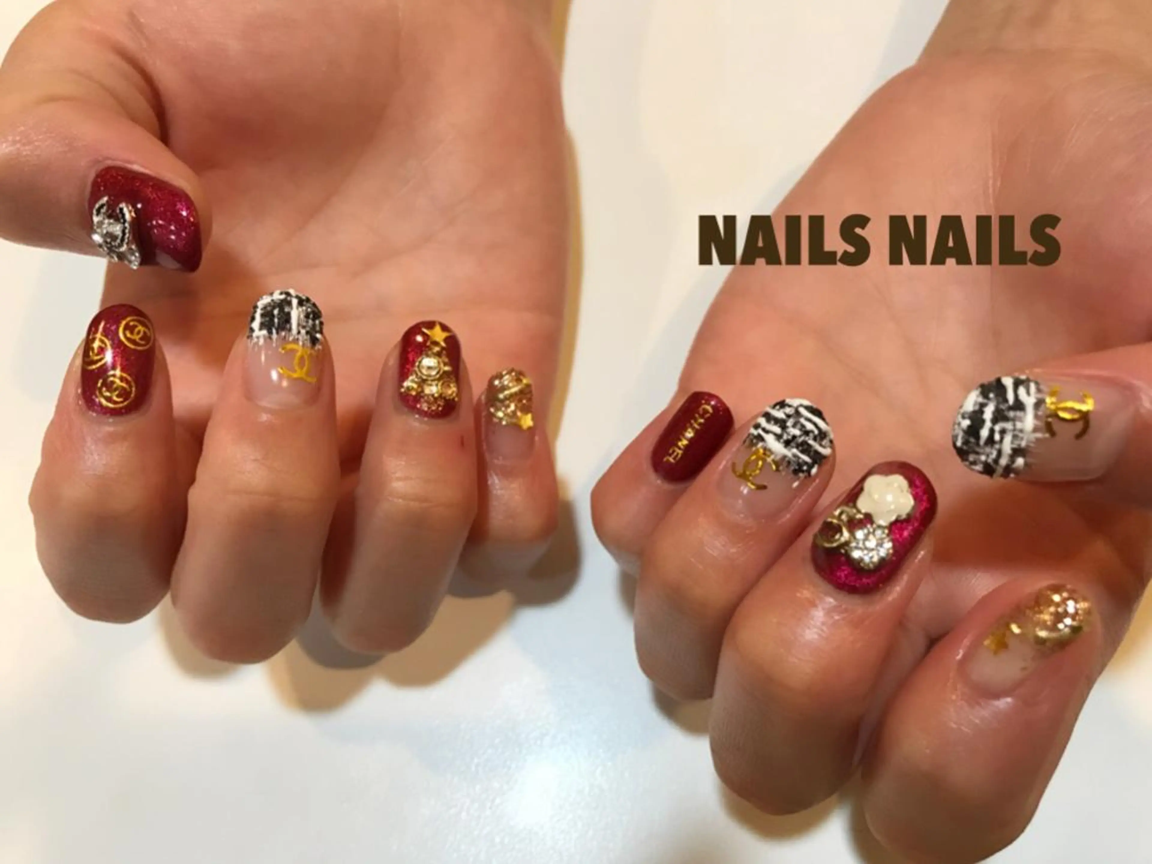 ネイル ジェルネイル ゴールド 赤色 ツイードネイル 冬ネイル ハンドネイル NAILSNAILS ERIKAのネイルデザイン