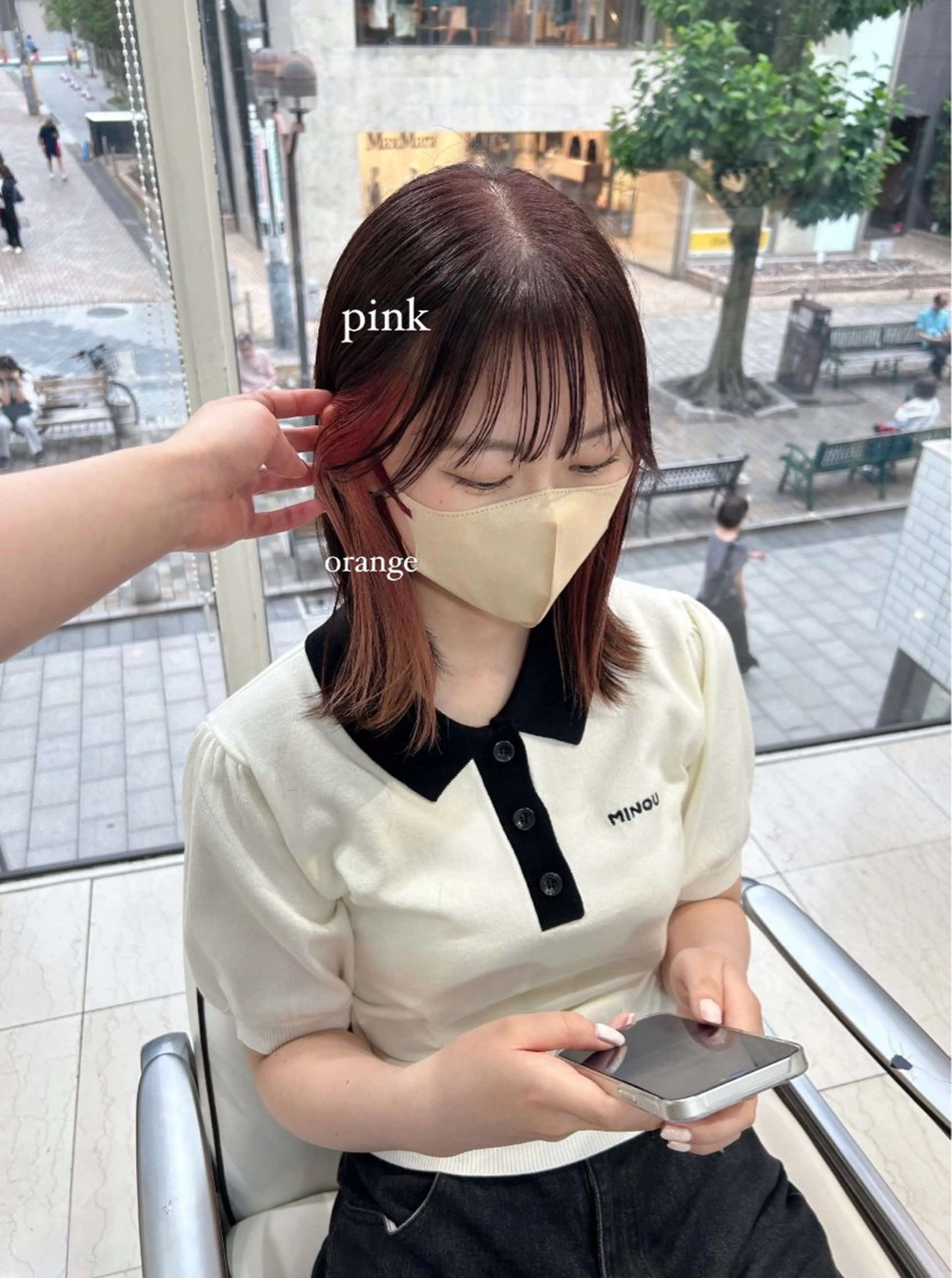 ミディアム カラー ブラウンカラー インナーカラー オレンジ ピンクカラー ピンクブラウン ヘアカラー ありむらもえ/ 透明感カラーのヘアスタイル