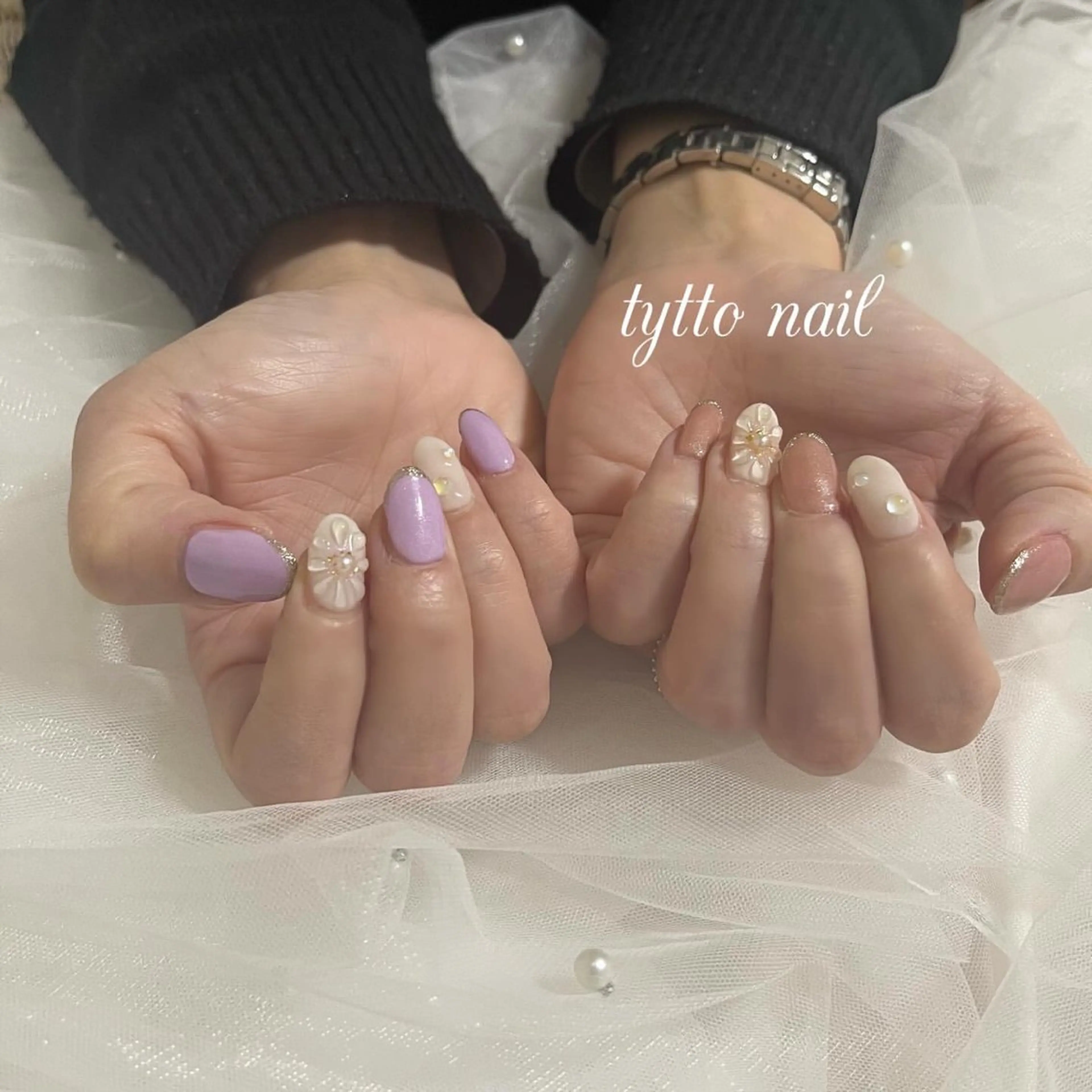 ネイル フラワーネイル キラキラネイル ラメ(グリッター) オフィスネイル ピンク ハンドネイル tytto nail ❤︎‪‪eri‪‪のネイルデザイン