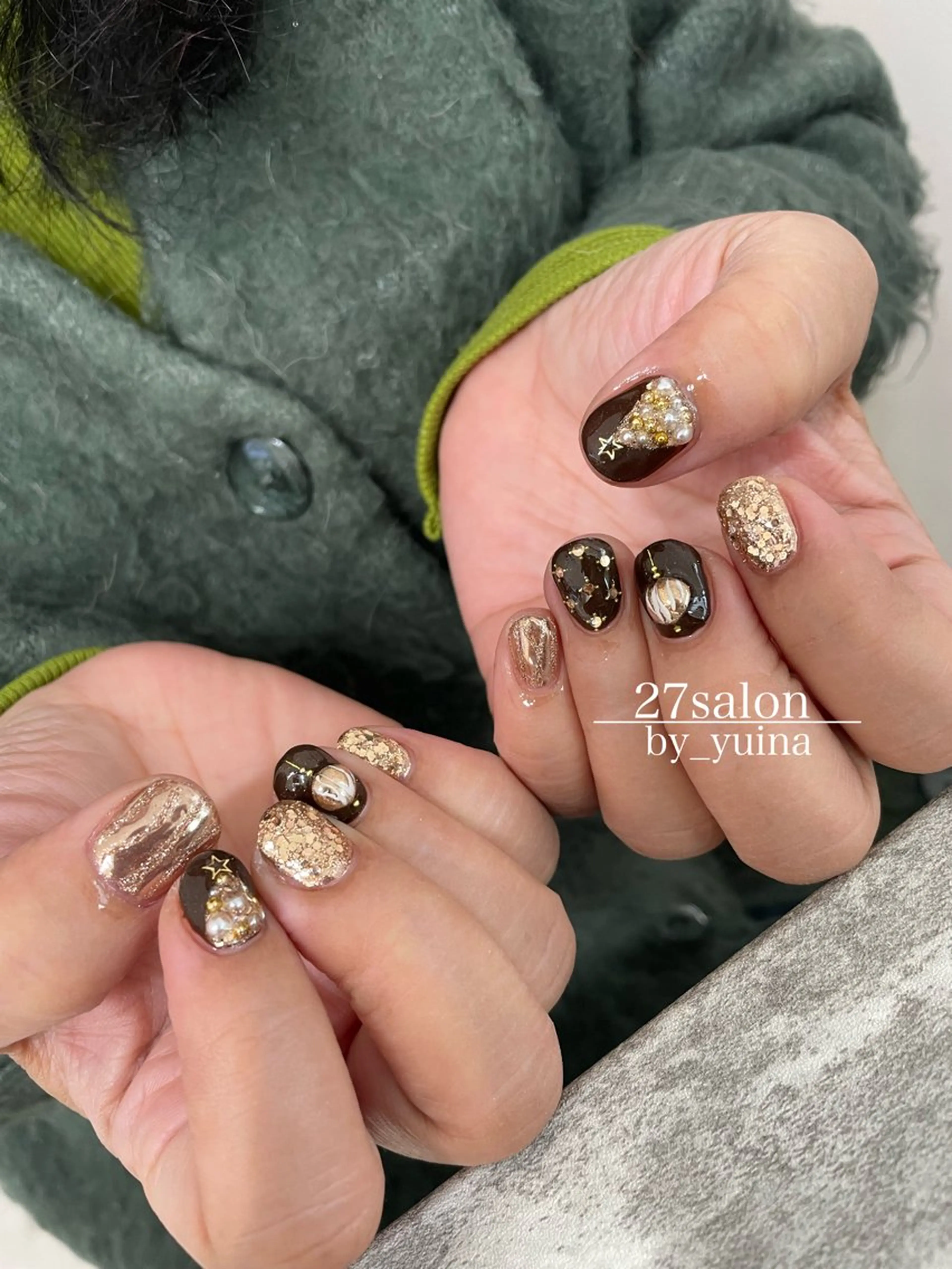 ネイル ブラウン 冬ネイル クリスマス ハンドネイル 27salon yuinaのネイルデザイン