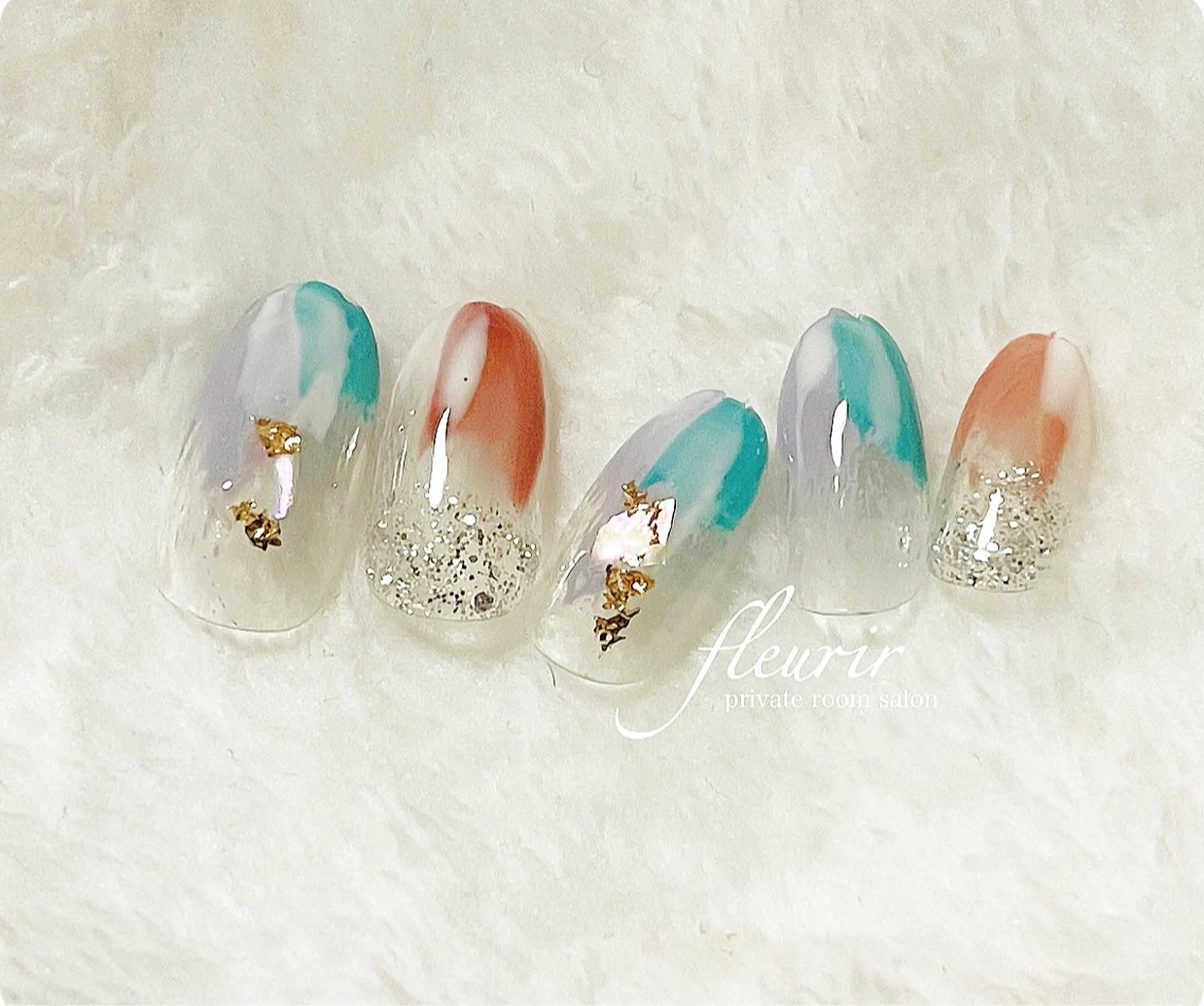 ネイル ブラウン ラメ(グリッター) シルバー ホワイト フルリール 【プライベートサロンのネイルデザイン