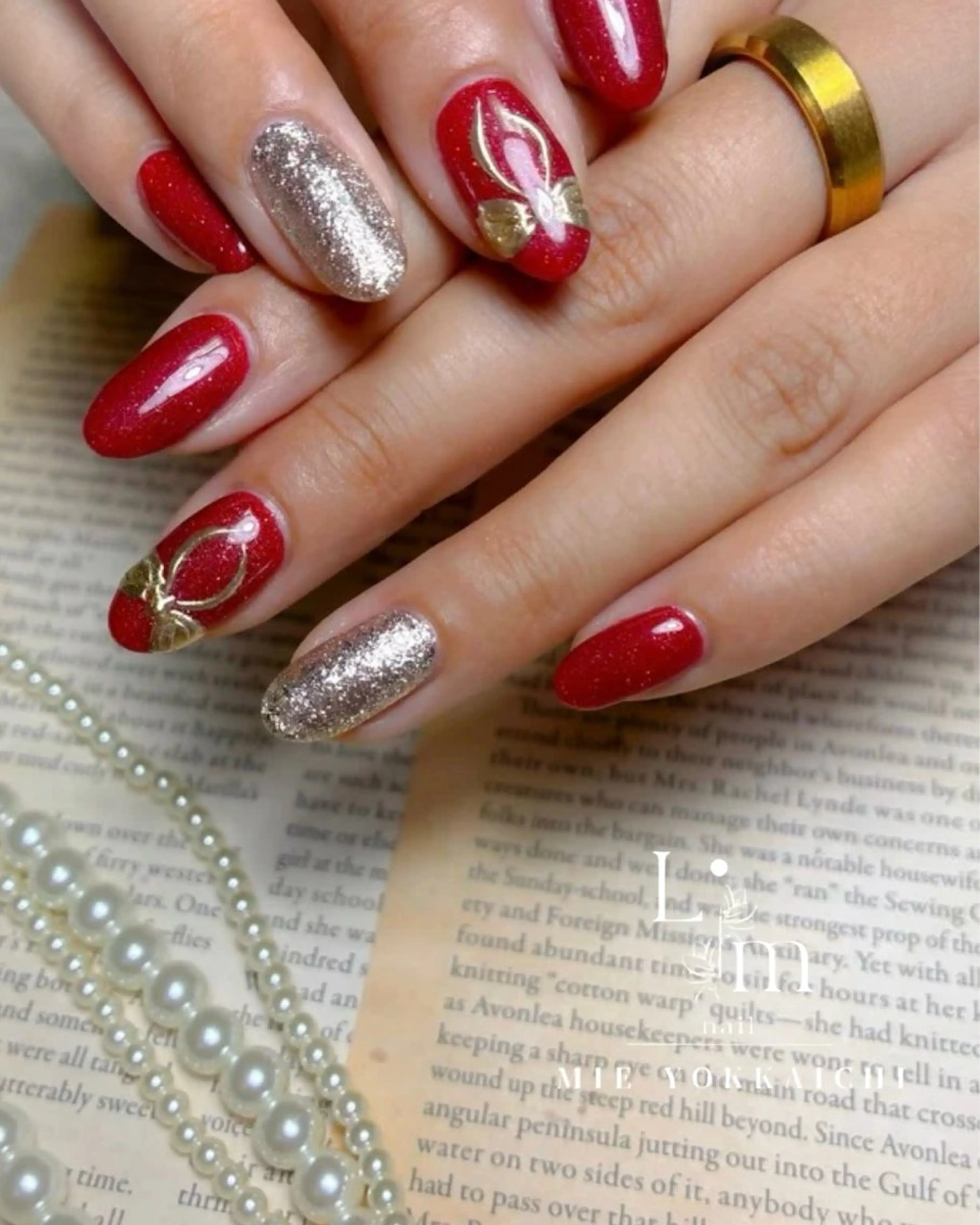 ネイル ボルドー ゴールド 赤色 リボン Li.m nail リム ネイルのネイルデザイン