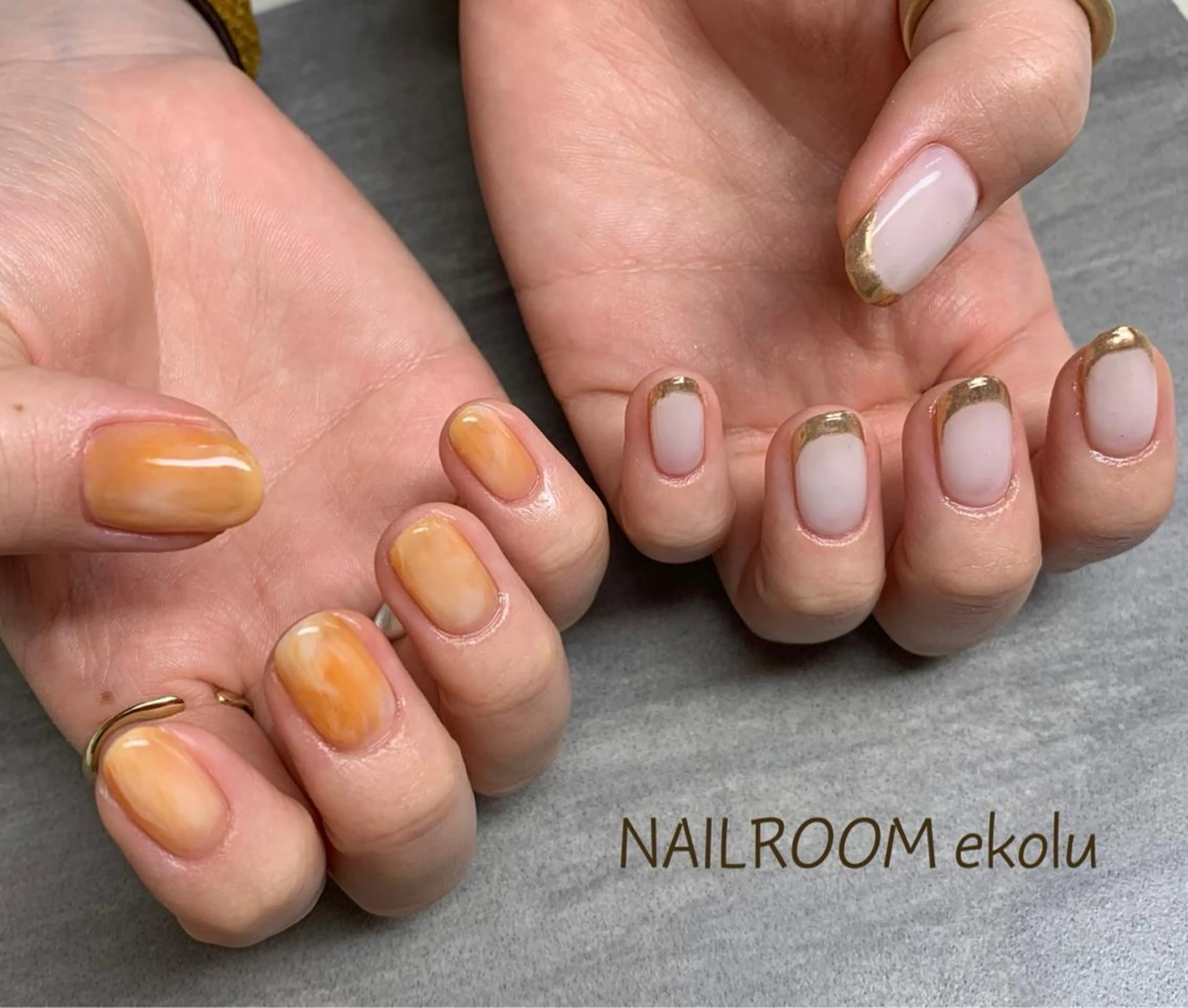 ネイル ミラーネイル ニュアンスネイル オレンジ シンプルネイル ハンドネイル NAILROOM ekolu所属・近藤 穂乃果のネイルデザイン