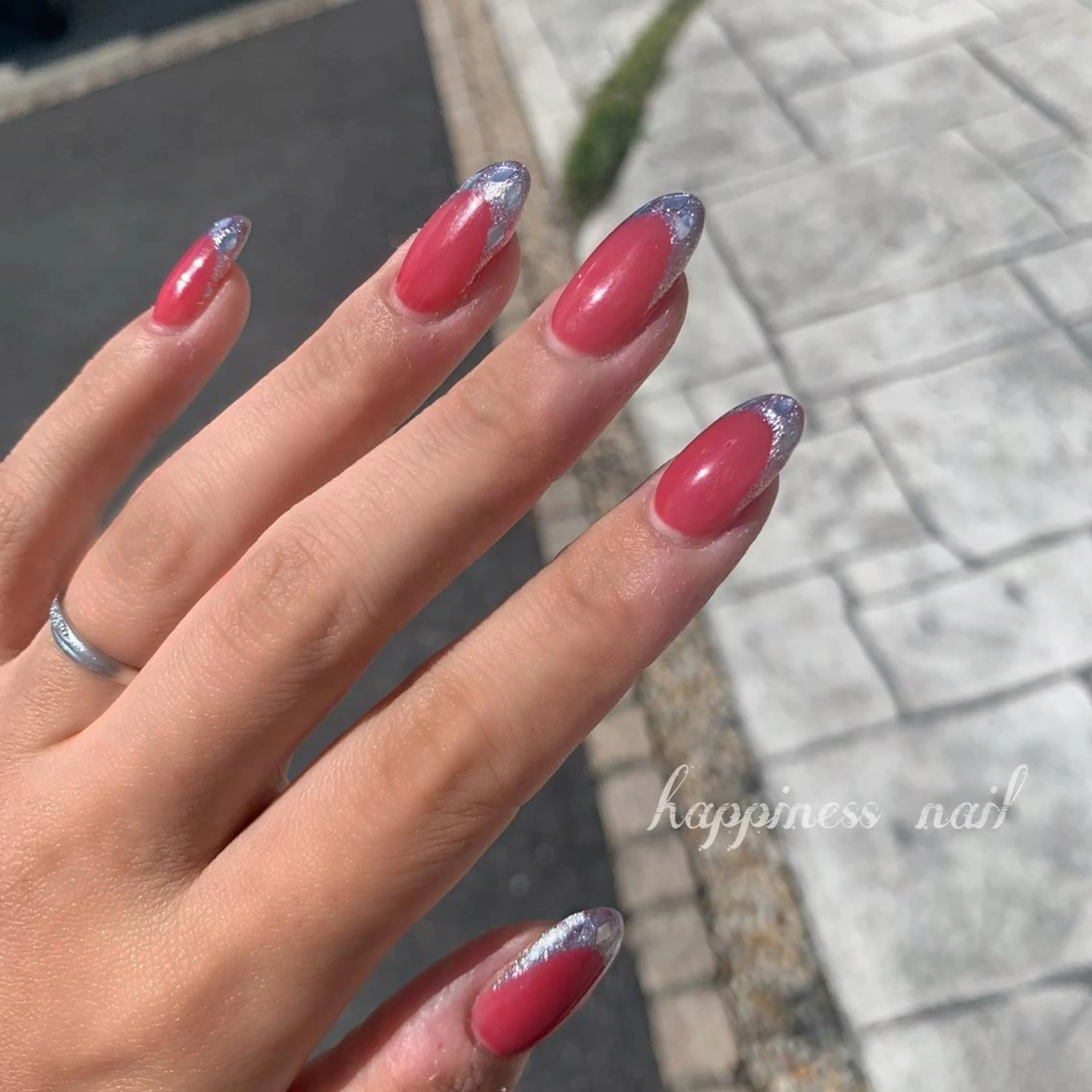 ネイル アートネイル フレンチネイル ガラスフレンチ キラキラネイル ロングネイル happiness nailのネイルデザイン