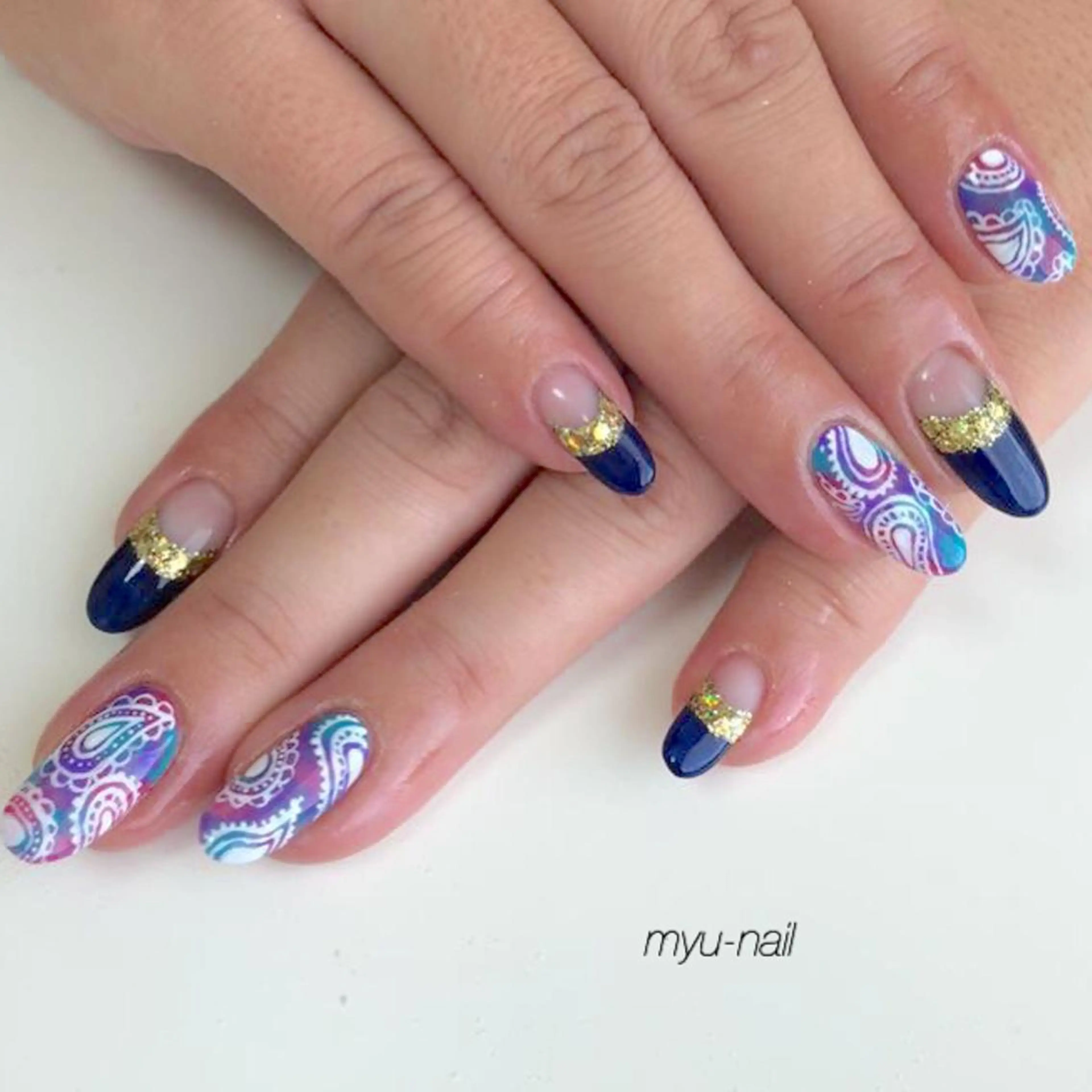 ネイル アートネイル フレンチネイル ネイビー 逆フレンチ ホームサロン myu-nailのネイルデザイン