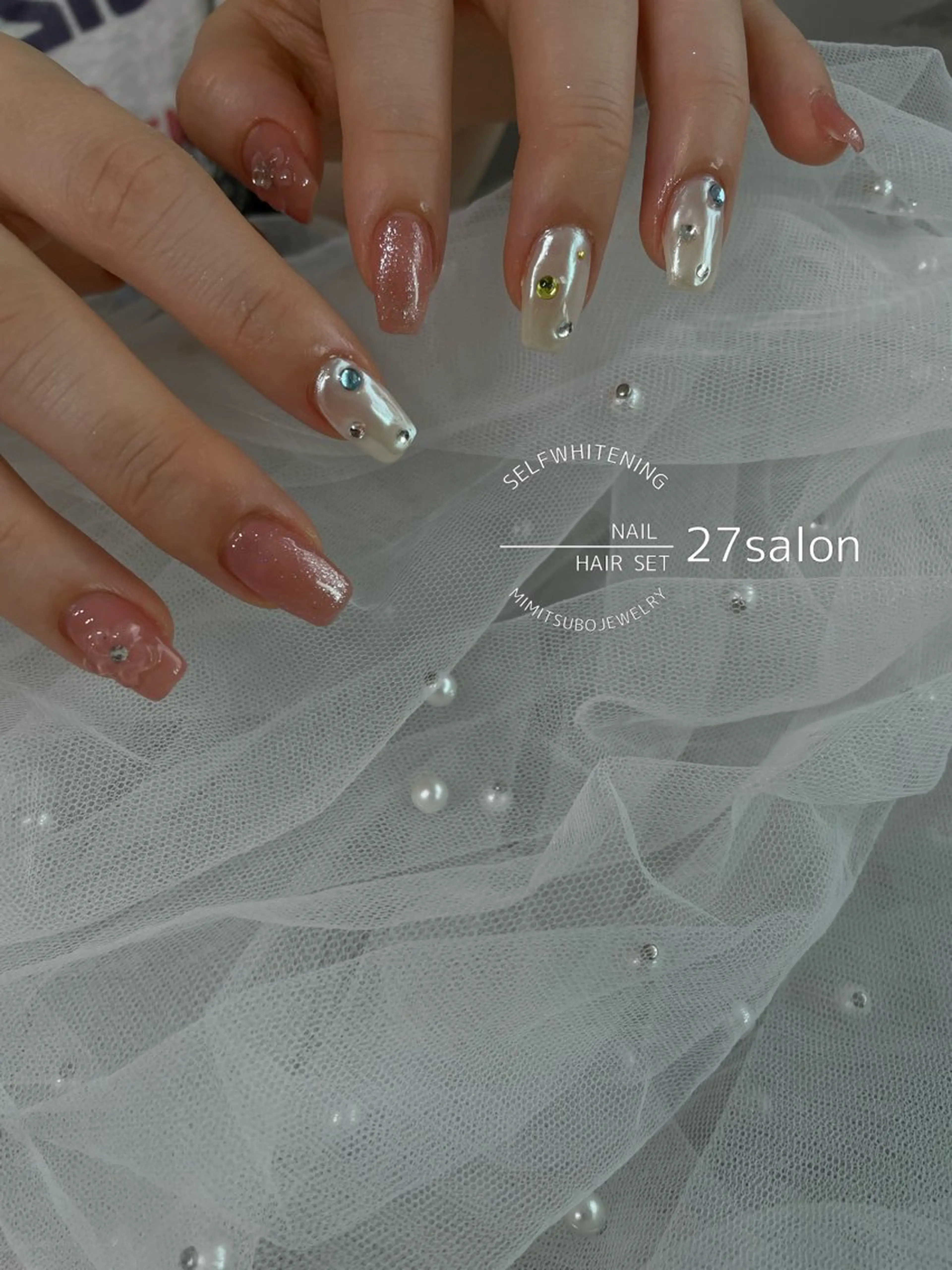 ネイル クリアネイル フラワーネイル ミラーネイル ホワイト ハンドネイル 27salon yuinaのネイルデザイン