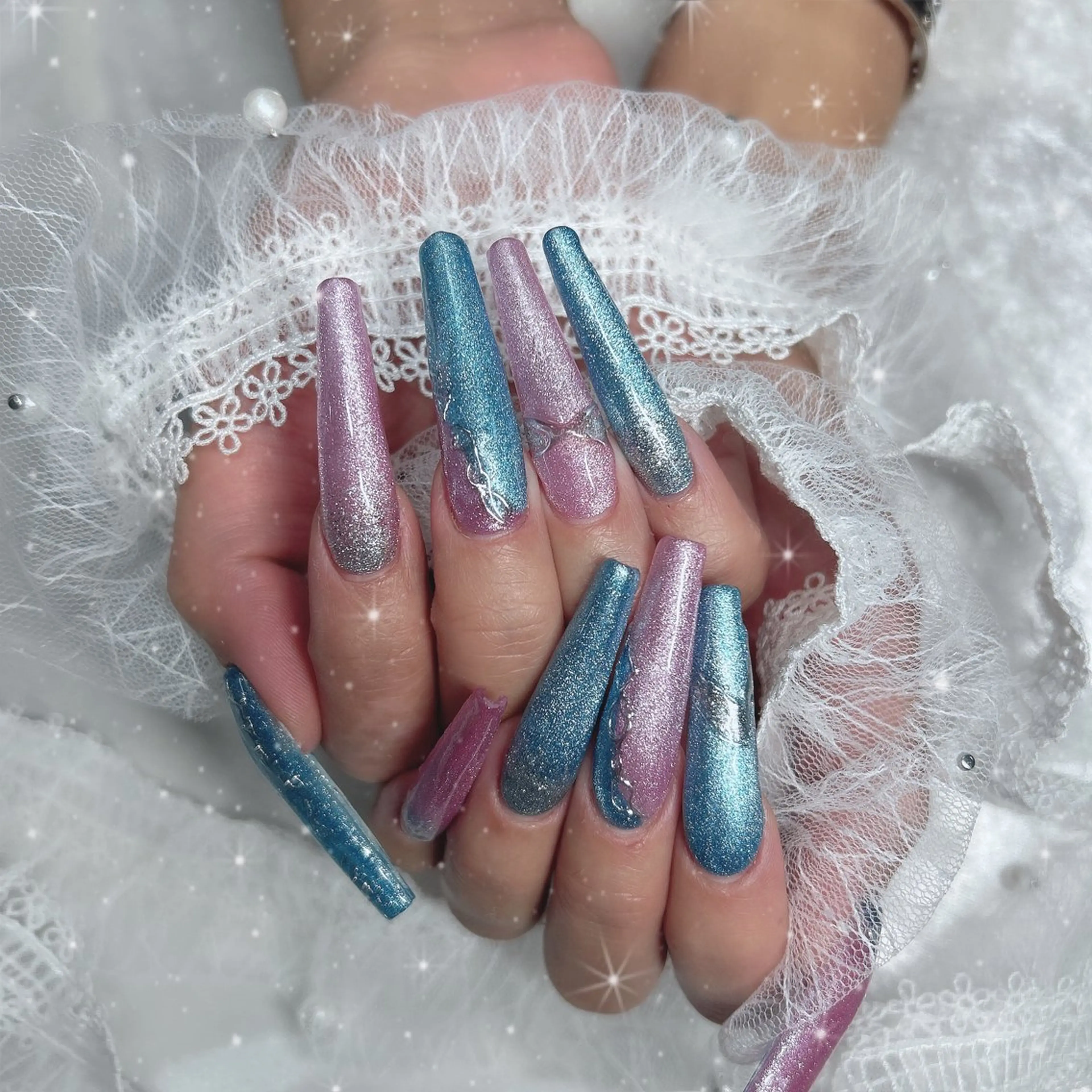 ネイル 水色 マグネットネイル ピンク スカルプネイル ハンドネイル Bestnail所属・Best Nail Yu🎀🫧のネイルデザイン