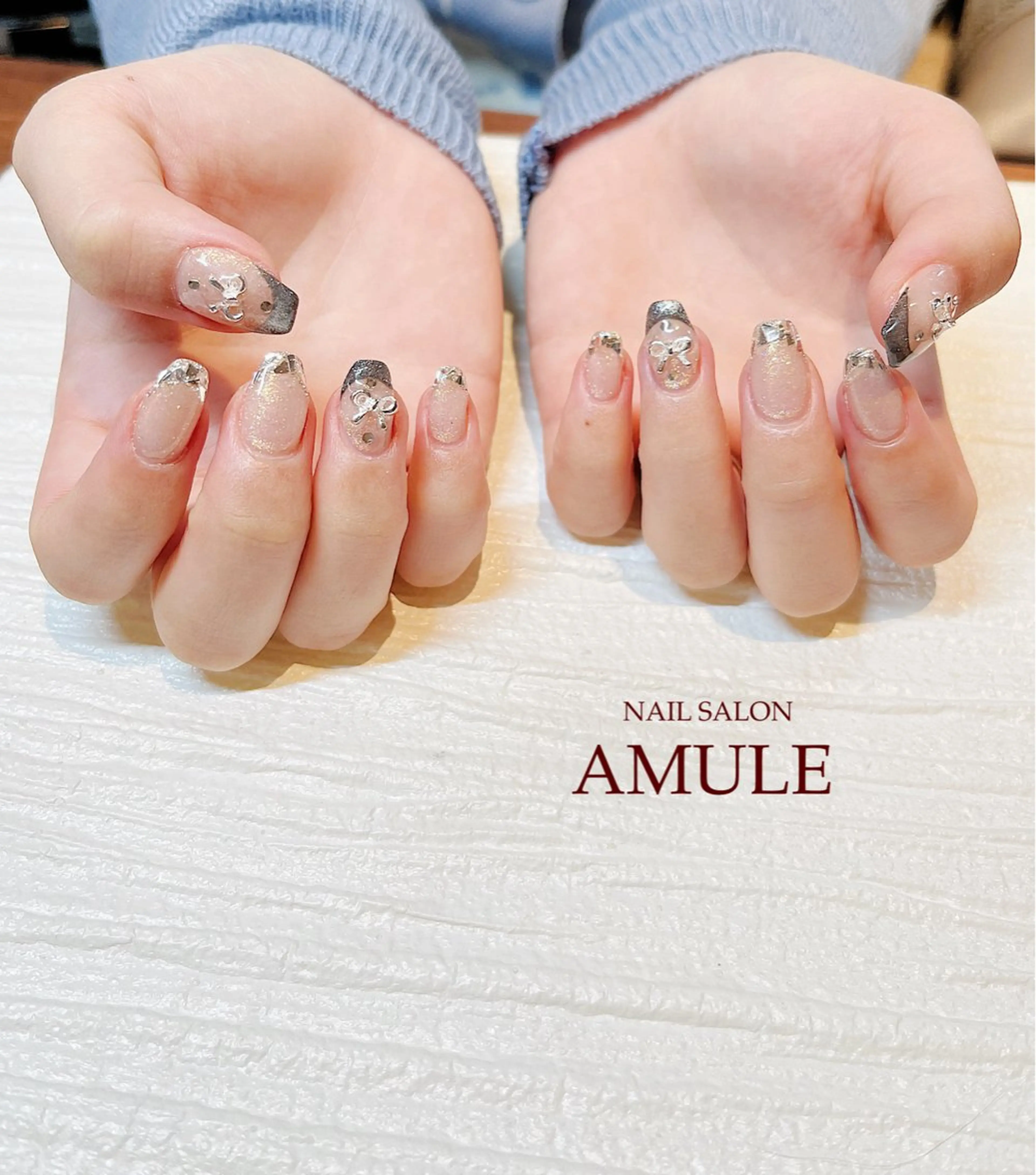 ネイル アートネイル フレンチネイル ガラスフレンチ 持ち込み リボン ハンドネイル NAILSALON AMULEのネイルデザイン