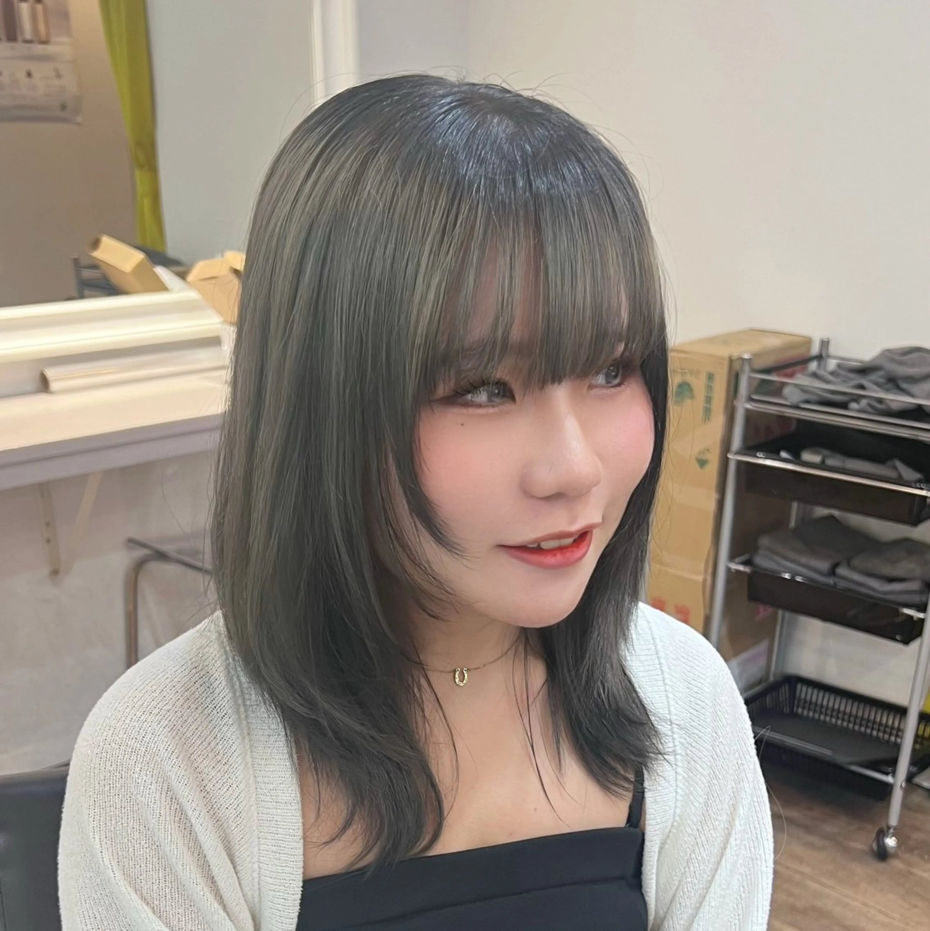 ミディアム カラー パーマ ベージュカラー 黒髪 ブルーカラー ブルーブラック ブラウンカラー ブリーチなし/ ベージュ/akiraのヘアスタイル