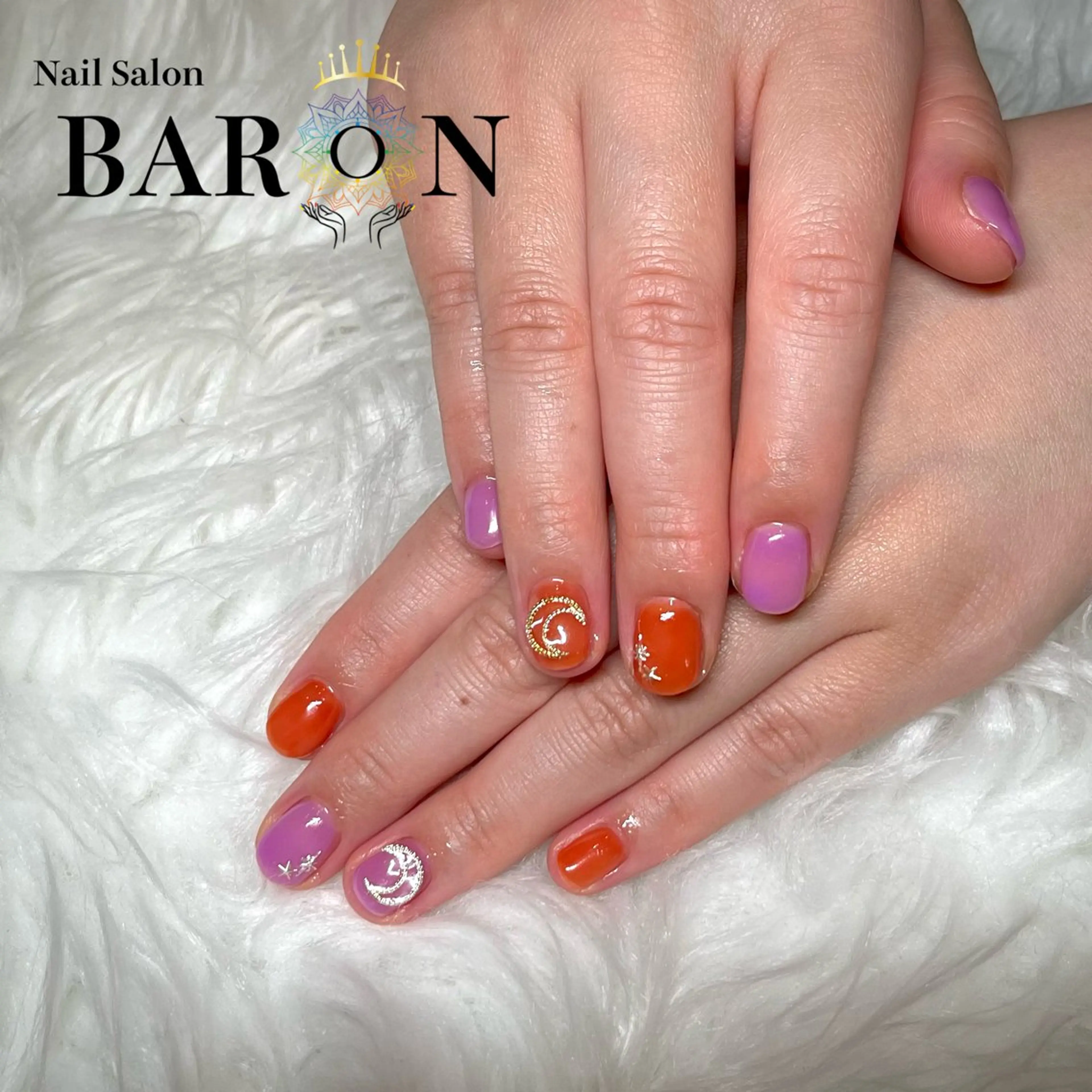 ネイル オレンジ パープル ハンドネイル ☆SAKI☆ BARON 店長のネイルデザイン